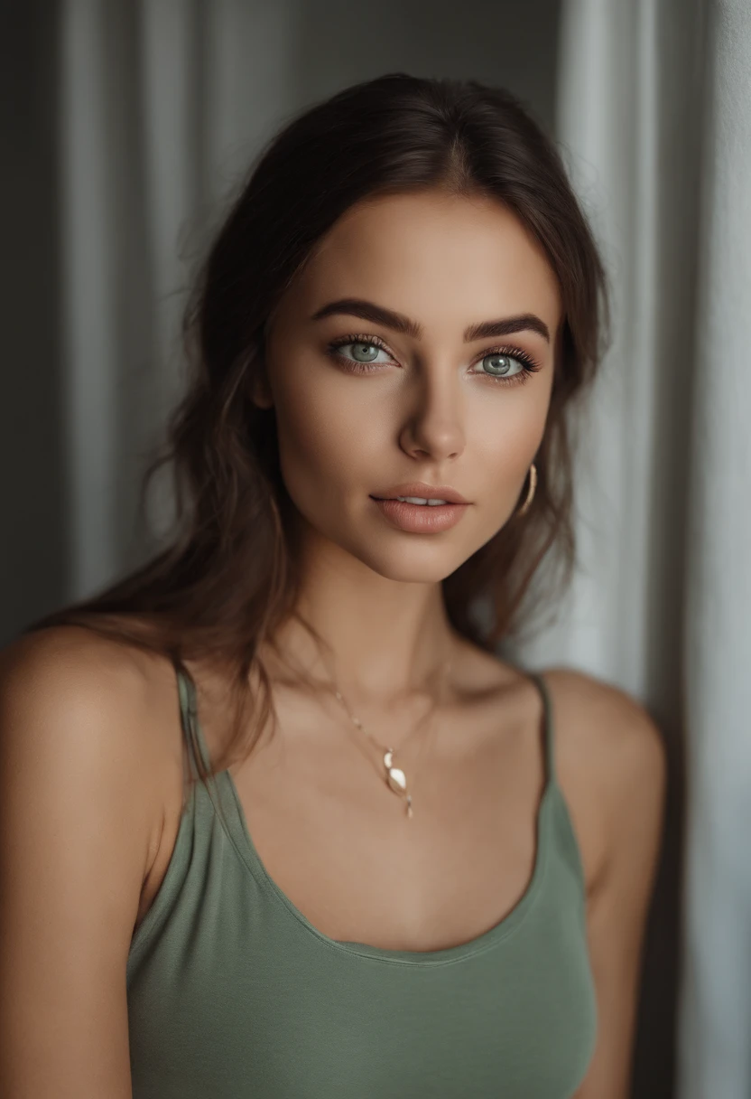 arafed woman with a white tank top and a necklace, sexy girl with green eyes, portrait sophie mudd, brown hair and large eyes, selfie of a young woman, bedroom eyes, violet myers, without makeup, natural makeup, looking directly at the camera, face with artgram, subtle makeup, stunning full body shot, piercing green eyes