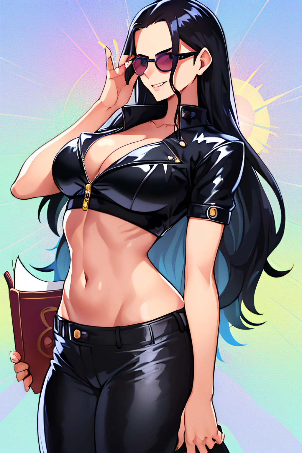 Nico Robin, 1girl, aqua eyes, cabelo preto, seios, decote, boca fechada, jaqueta de colarinho, tiro de cowboy, crop top, jaqueta cropped, extra hands, glasses on head, slicked back hair, hand up, gola alta, jaqueta, seios grandes, cabelo longo, olhando para o espectador, midriff, umbigo, decote mergulhando, pose, sarongue, mangas curtas, sorriso, solo, standingn, stomach, sun glasses, cabelo muito longo, ao ar livre,  mar, navios, ((obra-prima)), Boobsoff