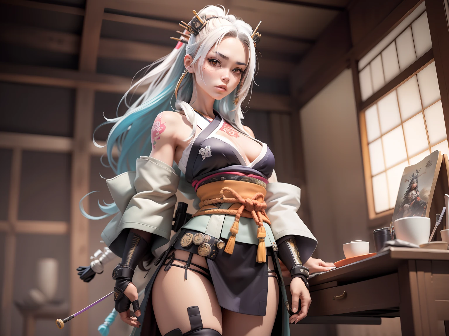 (((woman))), (((best qualityer))), (((tmasterpiece))), (((AS-Adult))), ((( Japanese ))), Look up from your knees, A beautiful asian samurai woman with perfect body, Modern samurai, ((( Asian))), Wear gloves on your hands,The left arm is made of steel and metal tips,Made of protective devices, The eyes are pulled, (( Appears below the breast )), (( Small dental floss )), Simon Bisley, Almost naked(Simon Bisley)Castle City Wilderness,For high-resolution posters, hair straight, Minimum clothing, armure (Crazy clothes ), Full of tips and rivets, tribal tattoos, (((full bodyesbian))), Straight brunette hair,Colored hair ends
