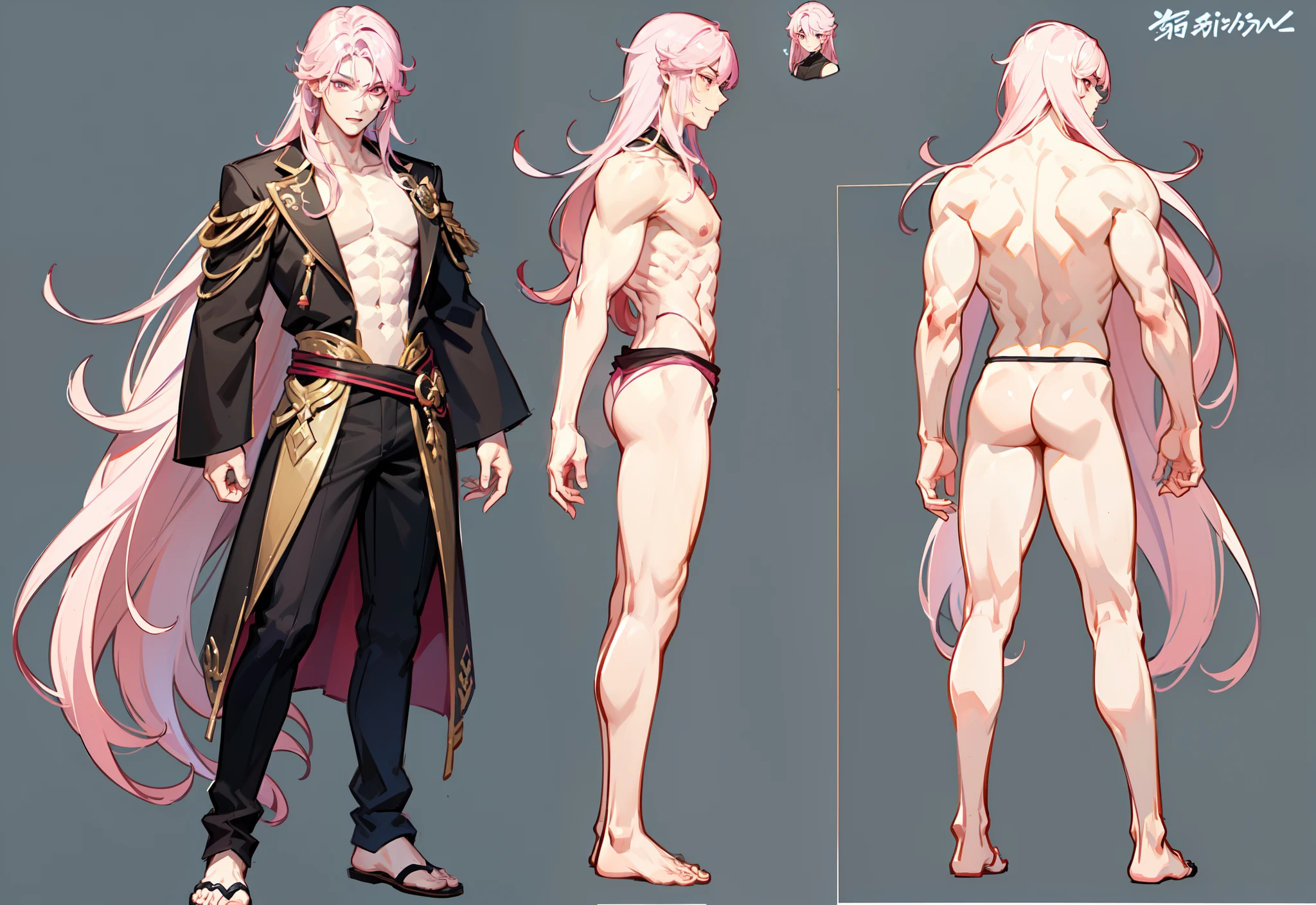 1boy, single, asian boy, reference sheet, character design, front angle, side angle, rear angle, dynamic poses, tall man, (masterpiece:1.2), (best quality:1.3), fantasy outfit, muscle body, athletic muscle body. (Pink eyes), (long hair), (long bangs), (pink hair), (pale skin), (reference sheet:1.5)