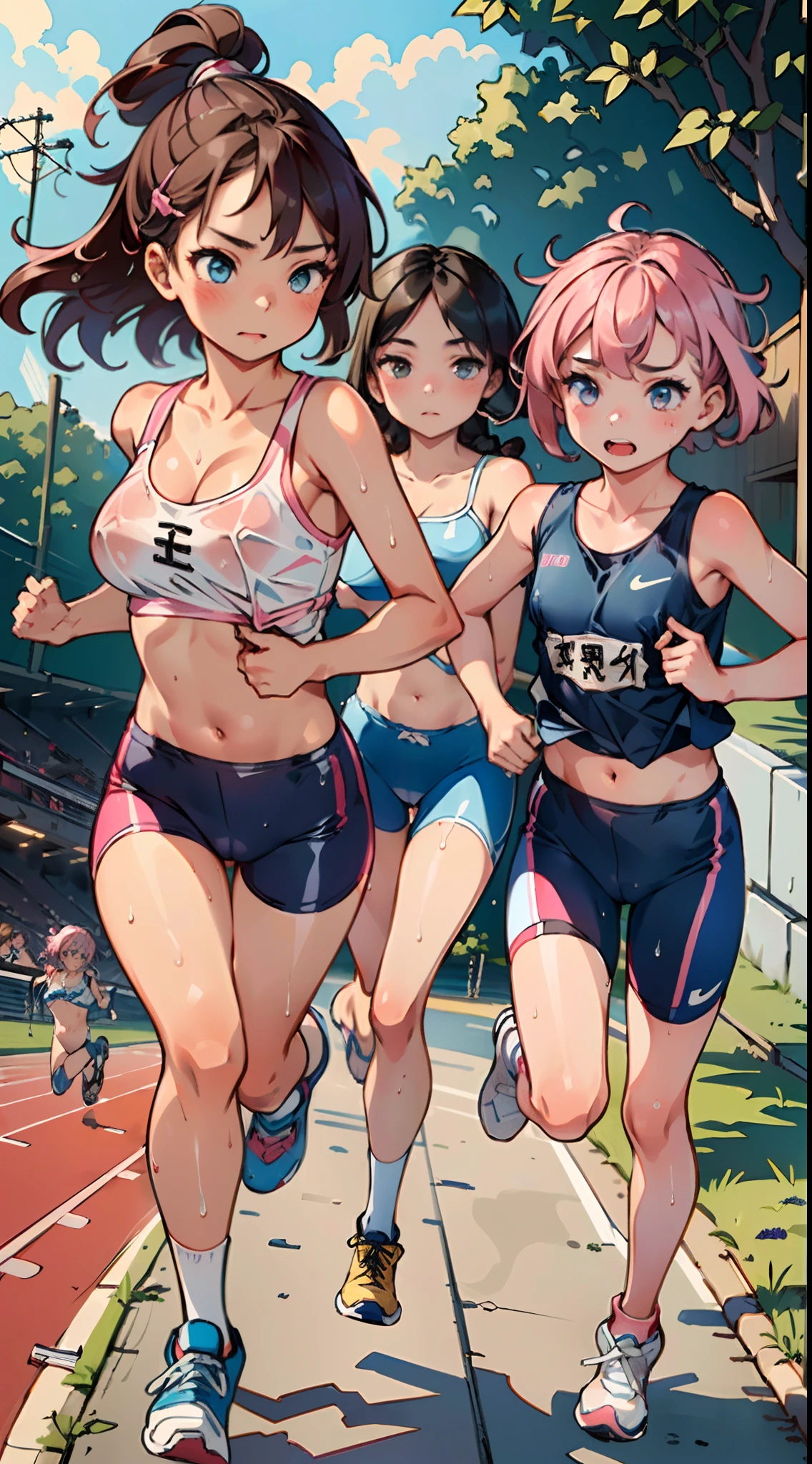 masterpiece, best quality, ultra-detailed, illustration, an extremely delicate and beautiful,high resolution, ultra-detailed,,perfect face,slender perfect body, Tight belly,Toned buttocks,Constricted waist,,(3 girls to running:1.7), yo,(1girl to pink hair,1girl to white hair,1girl to brown hair), (1girl to very short hair,1girl to braided long hair,1girl to okappa hair),(hachimaki), shy daughter, short stature, small tits,(flom track and field), (fashionable track and field athlete),(bike shorts), small tits, (wet:1.2), track and field,stadium,((very wide shot )),(cameltoe),( bra visible through clothes:1.2)