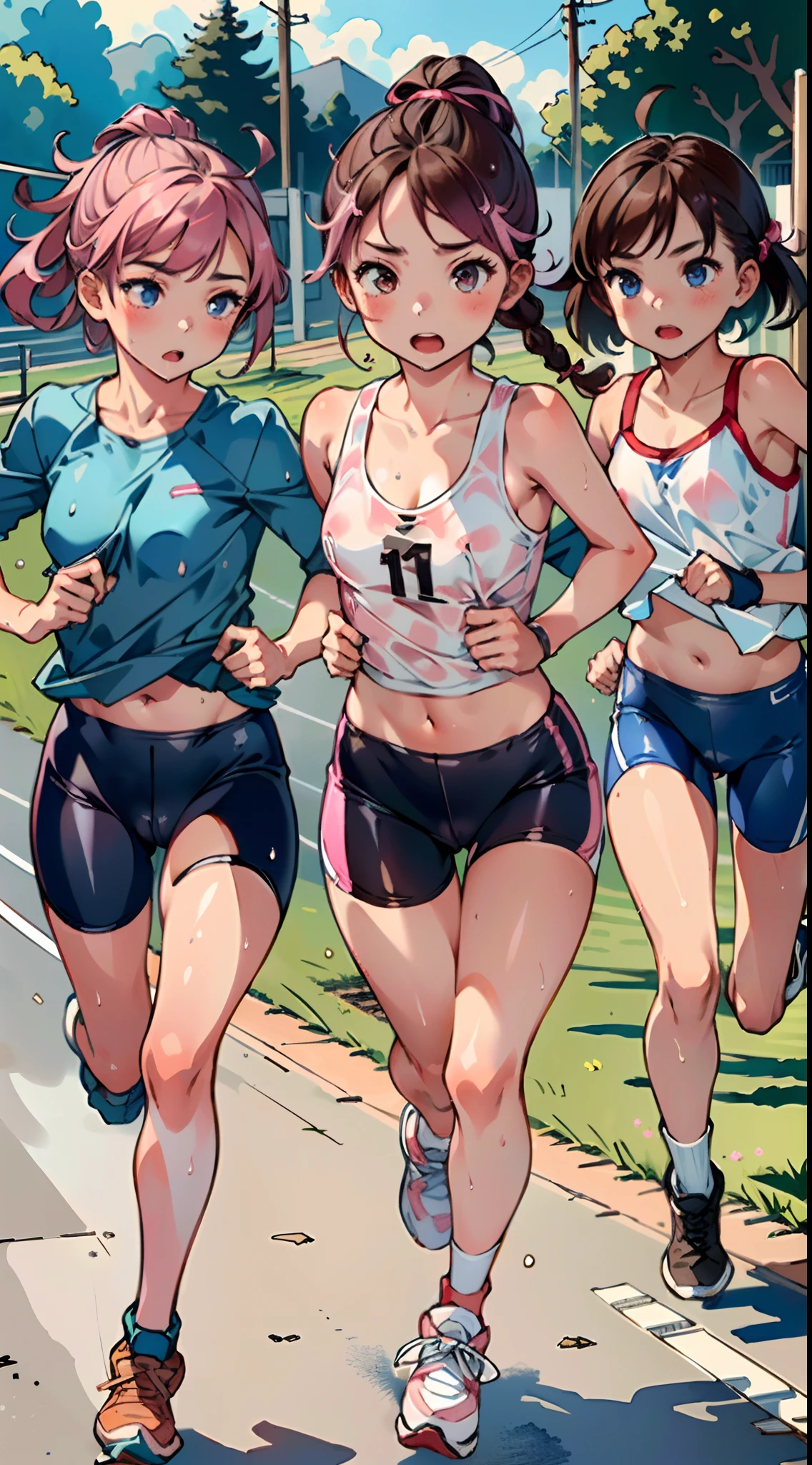 masterpiece, best quality, ultra-detailed, illustration, an extremely delicate and beautiful,high resolution, ultra-detailed,,perfect face,slender perfect body, Tight belly,Toned buttocks,Constricted waist,,(3 girls to running:1.7), yo,(1girl to pink hair,1girl to white hair,1girl to brown hair), (1girl to very short hair,1girl to braided long hair,1girl to okappa hair),(hachimaki), shy daughter, short stature, small tits,(flom track and field), (fashionable track and field athlete),(bike shorts), small tits, (wet:1.2), track and field,stadium,((very wide shot )),(cameltoe),( bra visible through clothes:1.2)