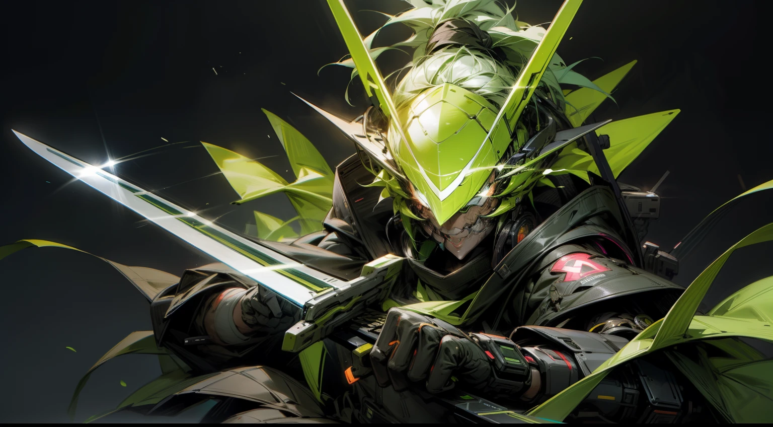cyberpunked、Super super huge big、smil、glowing sword、greenr