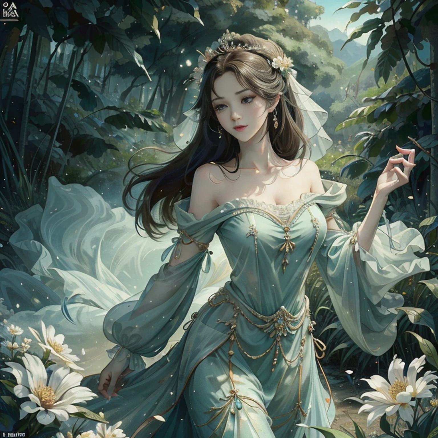 "High quality work at the level of a masterpiece,Fair skin and beautiful appearance,Pernas longas elegantes,Dressed in aristocratic costumes,Combine-o com joias bonitas,Tule tecido leve,flores florescendo,surrounded by lush green trees,Amazing fruits and amazing landscapes。"