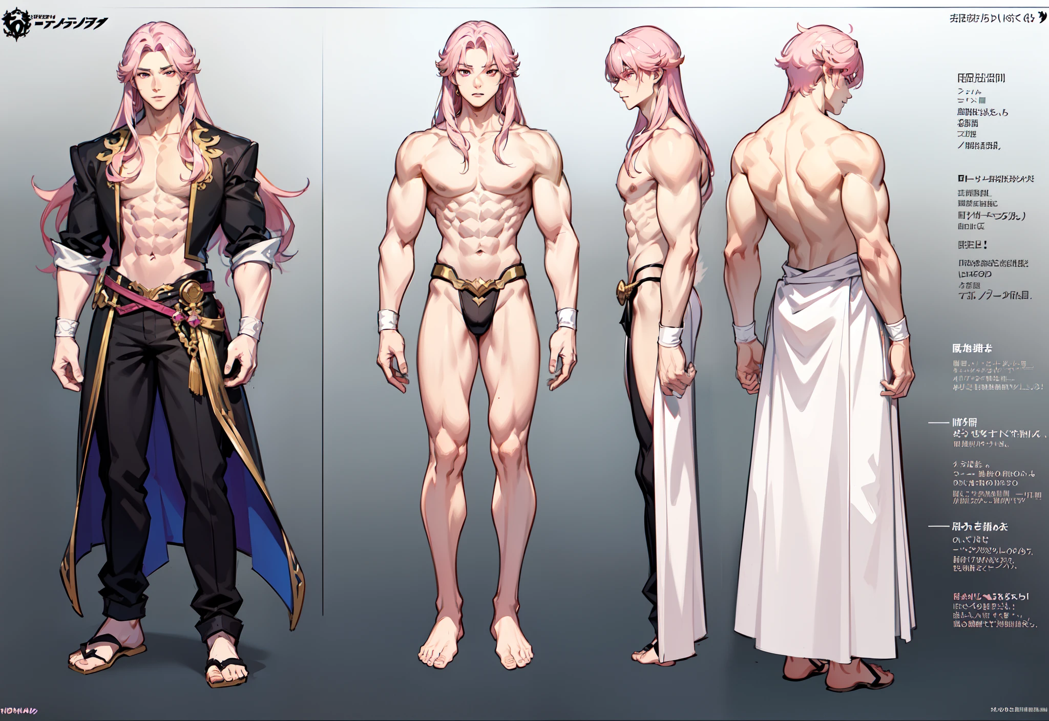 1boy, single, asian boy, reference sheet, character design, front angle, side angle, rear angle, dynamic poses, tall man, (masterpiece:1.2), (best quality:1.3), fantasy outfit, muscle body, athletic muscle body. (Pink eyes), (long hair), (long bangs), (pink hair), (pale skin), (reference sheet:1.5)