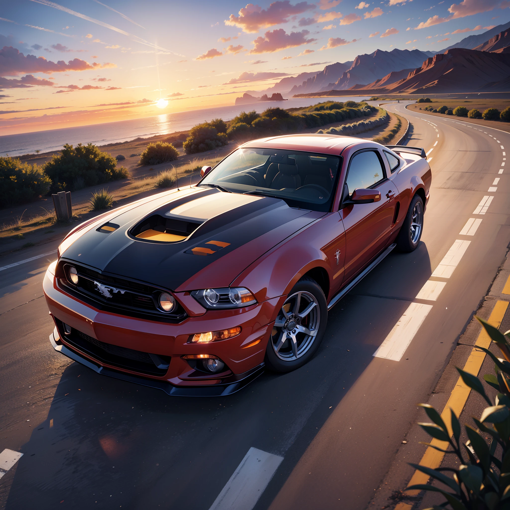 Mustang muscle car, sunset, dessert, beautiful scenery, 8k, masterpiece