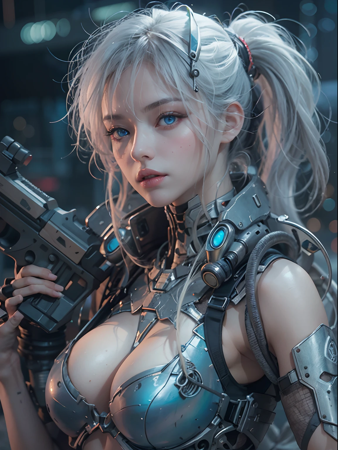 nsfw, 1girl, cyberpunk, mecha armor, mechanical, (masterpiece: 1.4), (8K, realistic, raw photo, best quality: 1.4), nipple areola shape clear, , Japanese girl, beautiful cute face, (real face: 1.4), perfect pussy, beautiful hairstyle, realistic blue eyes, beautiful detail eyes, (real skin: 1.3), beautiful skin, attractive, ultra high resolution, ultra realistic, off-sheller, night view, shiny moon, burning city, post apocalyptic world, cinematic lighting, white colored hair, long hair, twin ponytails, blue ribbons, gun in hands, alien spaceship, futuristic fantasy, sitting on machine, legs open, close view on pussy