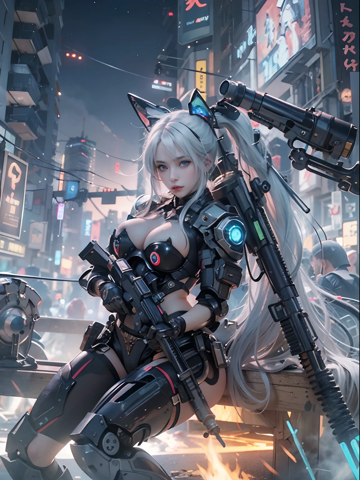 nsfw, 1girl, cyberpunk, mecha armor, mechanical, (masterpiece: 1.4), (8K, realistic, raw photo, best quality: 1.4), nipple areola shape clear, , Japanese girl, beautiful cute face, (real face: 1.4), perfect pussy, beautiful hairstyle, realistic blue eyes, beautiful detail eyes, (real skin: 1.3), beautiful skin, attractive, ultra high resolution, ultra realistic, off-sheller, night view, shiny moon, burning city, post apocalyptic world, cinematic lighting, white colored hair, long hair, twin ponytails, blue ribbons, gun in hands, alien spaceship, futuristic fantasy, sitting on machine, legs open, close view on pussy