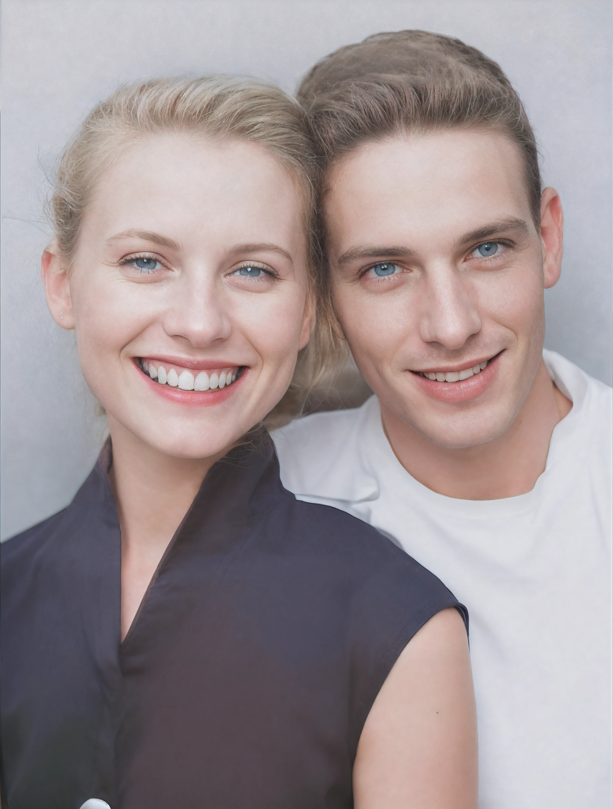 A man and woman, smiling couple, couple portrait, woman with straight blonde hair, green eyes, smiling, white teeth, blue dress with 1 white button, man with light brown hair, (bright blue eyes), man with blue eyes smiling , white teeth, with a white shirt and a white t-shirt underneath, white background, raw photo, amazing photograph, best quality, 8K, high quality, Ultra detailed, (best quality), (high detailed skin, full sharp:1.2), 8k uhd, dslr, detailed face, detailed eyes