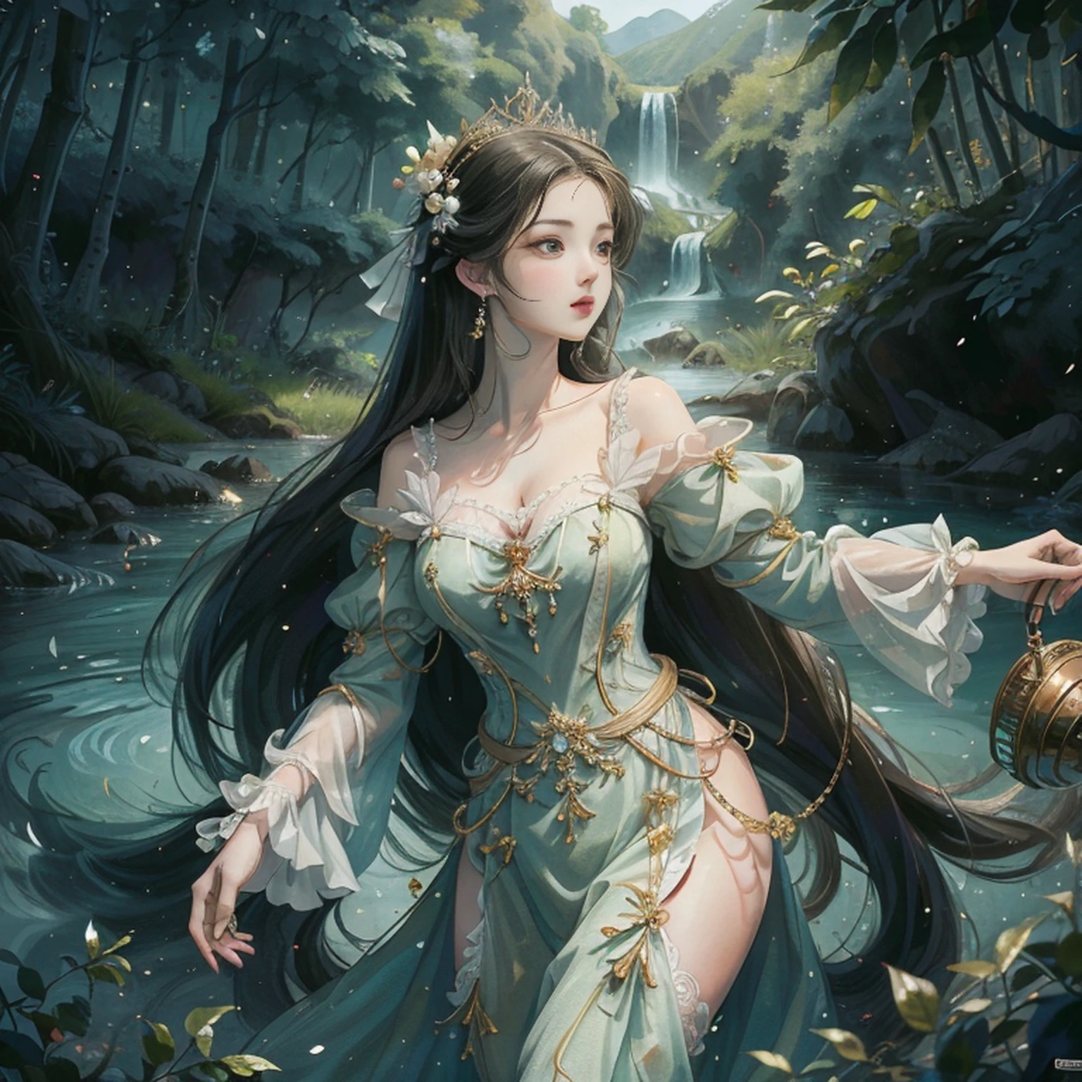 "High quality work at the level of a masterpiece,Fair skin and beautiful appearance,Pernas longas elegantes,Dressed in aristocratic costumes,Combine-o com joias bonitas,Tule tecido leve,flores florescendo,surrounded by lush green trees,Amazing fruits and amazing landscapes。"