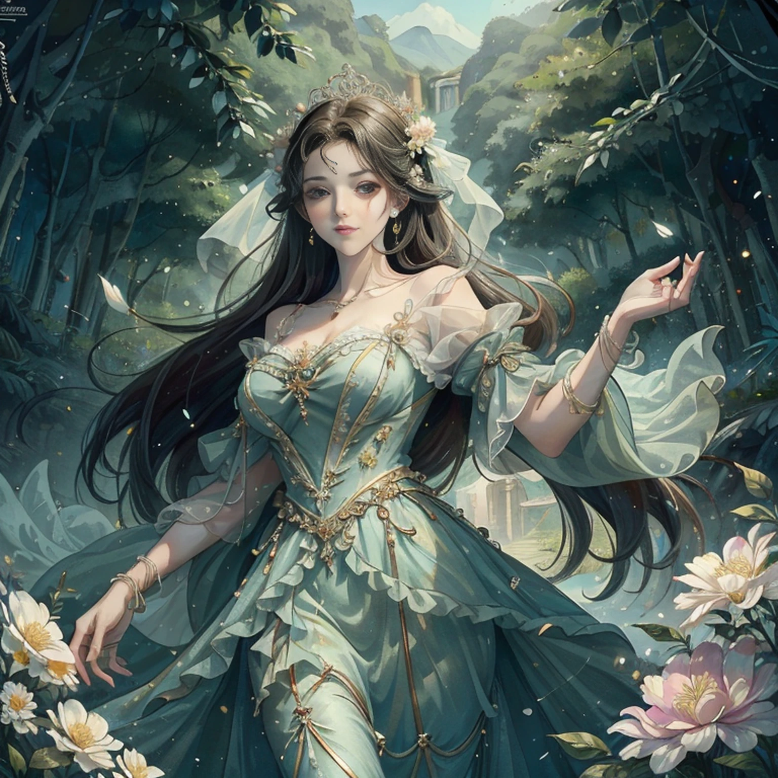 "High quality work at the level of a masterpiece,Fair skin and beautiful appearance,Pernas longas elegantes,Dressed in aristocratic costumes,Combine-o com joias bonitas,Tule tecido leve,flores florescendo,surrounded by lush green trees,Amazing fruits and amazing landscapes。"