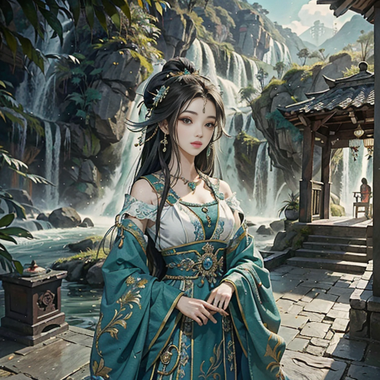 "Obra-prima,melhor qualidade de imagem,Roupas e penteados antigos com detalhes precisos,Gorgeous accessories,Jade Joias,Arte extrema,8k ultra high definition。"Background Story:the trees,Flores,cachoeira,pavilions