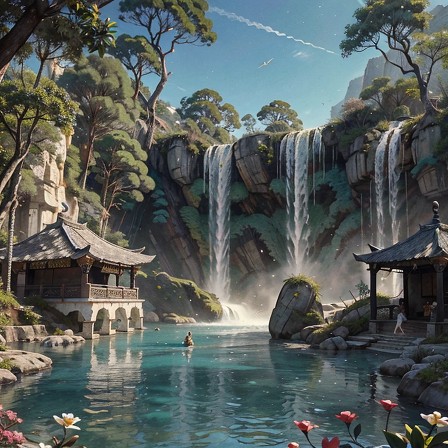 "Obra-prima,melhor qualidade de imagem,Roupas e penteados antigos com detalhes precisos,Gorgeous accessories,Jade Joias,Arte extrema,8k ultra high definition。"Background Story:the trees,Flores,cachoeira,pavilions
