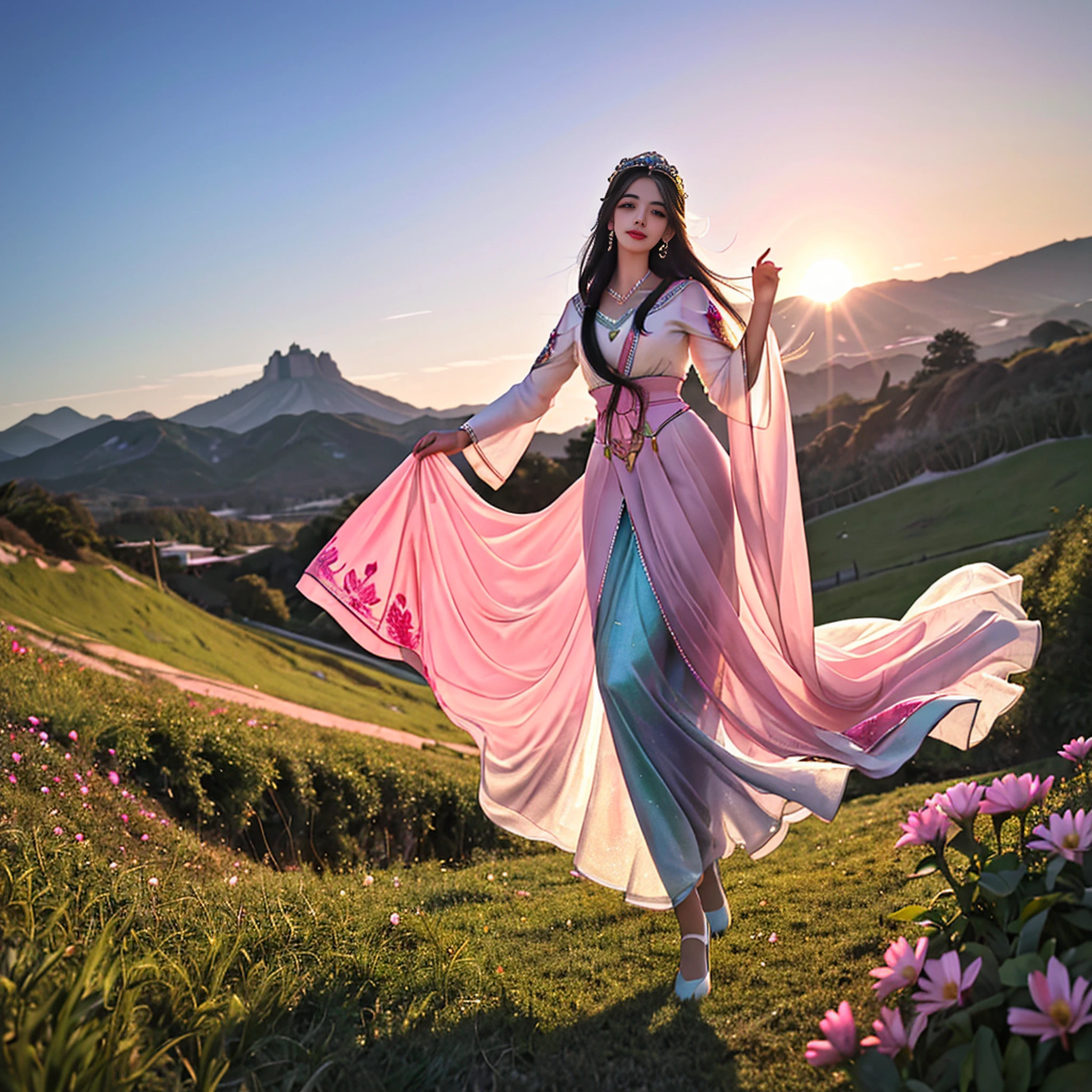 a girl, 28 anos, alto, She's like a fairy in the mortal world, elegante e temperamental. Her clothes were made of silk and dyed a soft pink color to match the glow of the sky. The dress has intricate embroidery of flowers and birds, mostrando seu gosto elegante e identidade nobre. The hem of her skirt reached down to her ankles, revealing her slender feet in embroidered shoes. Ela tinha um penteado de jade preso em seus longos cabelos pretos, that flowed behind her as she ran. His face was delicate and flawless, His eyes were bright and his lips were pink. Ela sorriu e apreciou a liberdade e a beleza da natureza. The fields are covered with green grass and colorful wildflowers, swaying in the gentle breeze. Ela correu entre eles, tocando-os com os dedos finos. The sun is setting behind the mountain, casting a warm light on the scene. Ela parece uma pintura, um sonho, um poema. She is the epitome of beauty and elegance.