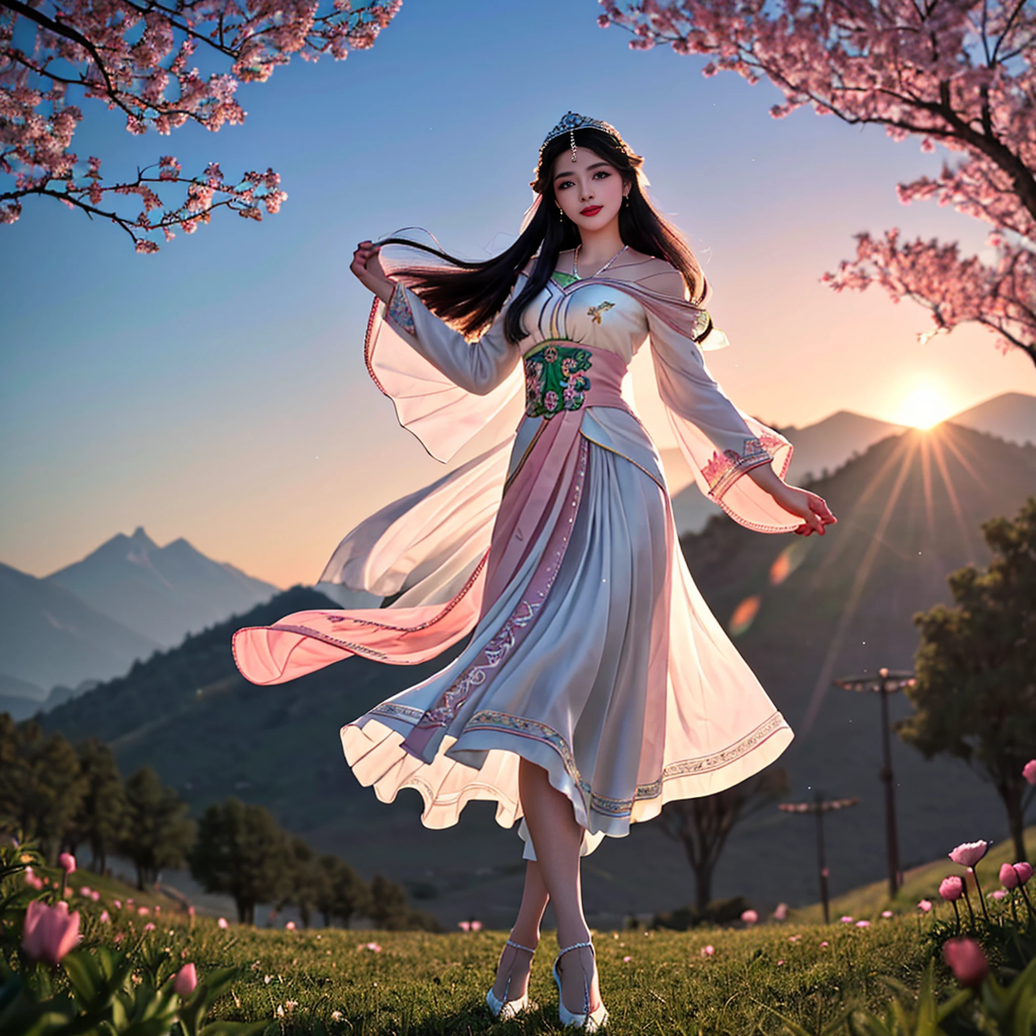 a girl, 28 anos, alto, She's like a fairy in the mortal world, elegante e temperamental. Her clothes were made of silk and dyed a soft pink color to match the glow of the sky. The dress has intricate embroidery of flowers and birds, mostrando seu gosto elegante e identidade nobre. The hem of her skirt reached down to her ankles, revealing her slender feet in embroidered shoes. Ela tinha um penteado de jade preso em seus longos cabelos pretos, that flowed behind her as she ran. His face was delicate and flawless, His eyes were bright and his lips were pink. Ela sorriu e apreciou a liberdade e a beleza da natureza. The fields are covered with green grass and colorful wildflowers, swaying in the gentle breeze. Ela correu entre eles, tocando-os com os dedos finos. The sun is setting behind the mountain, casting a warm light on the scene. Ela parece uma pintura, um sonho, um poema. She is the epitome of beauty and elegance.