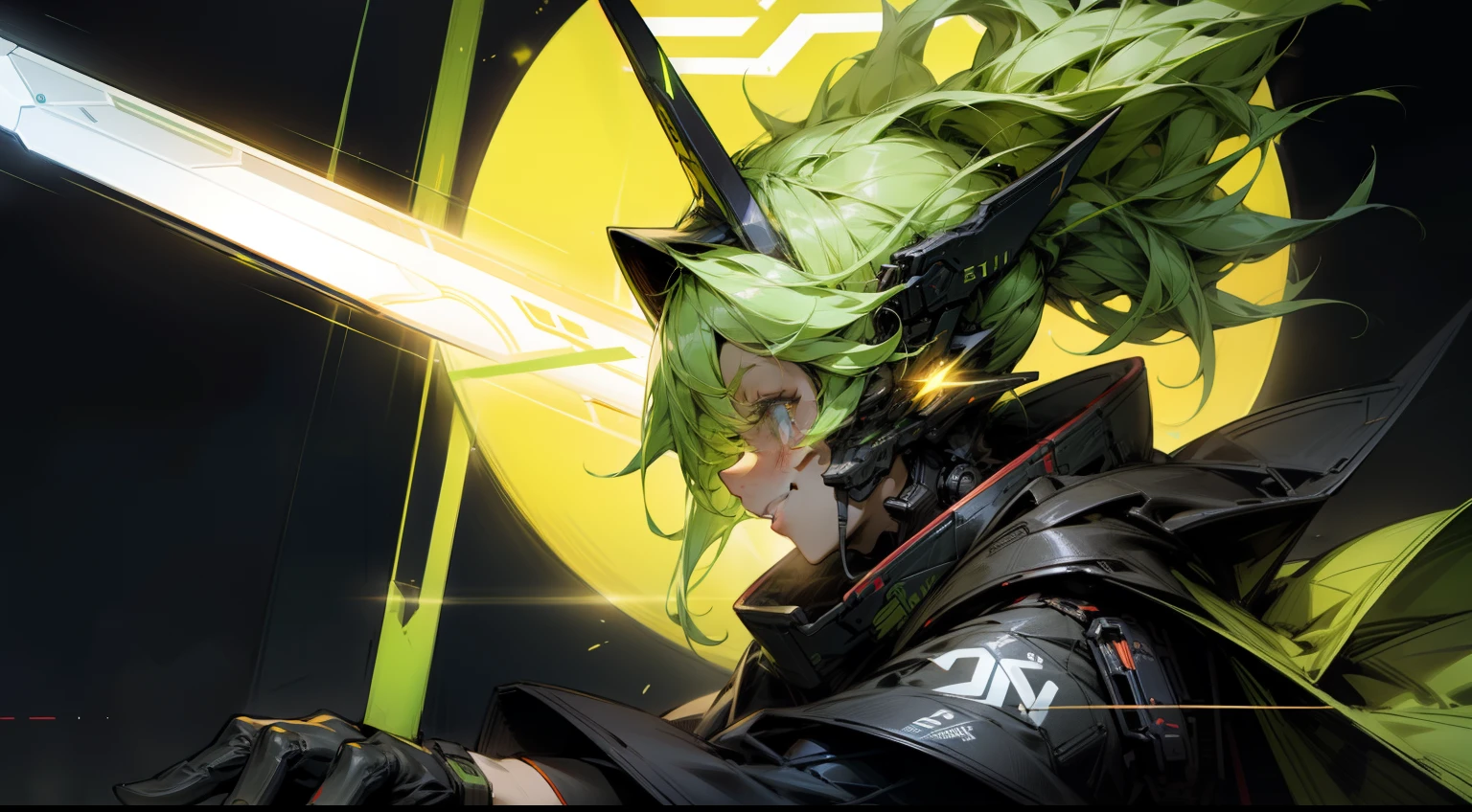 cyberpunked、Super super huge big、smil、glowing sword、greenr、profile