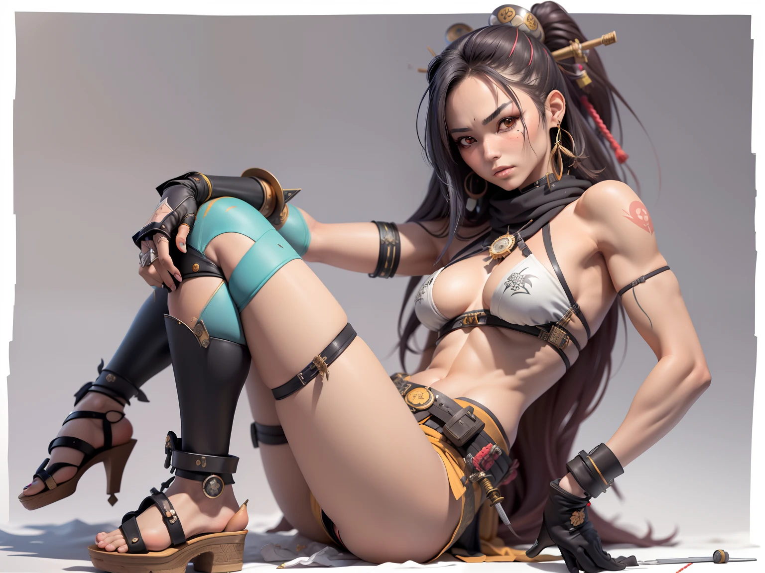 (((woman))), (((best qualityer))), (((tmasterpiece))), (((AS-Adult))), ((( Japanese ))), Look up from your knees, A beautiful asian samurai woman with perfect body, Modern samurai, ((( Asian))), Wear gloves on your hands,The left arm is made of steel and metal tips,Made of protective devices, The eyes are pulled, (( Appears below the breast )), (( Small dental floss )), Simon Bisley, Almost naked(Simon Bisley)Castle City Wilderness,For high-resolution posters, hair straight, Minimum clothing, armure (Crazy clothes ), Full of tips and rivets, tribal tattoos, (((full bodyesbian))), Straight brunette hair,Colored hair ends