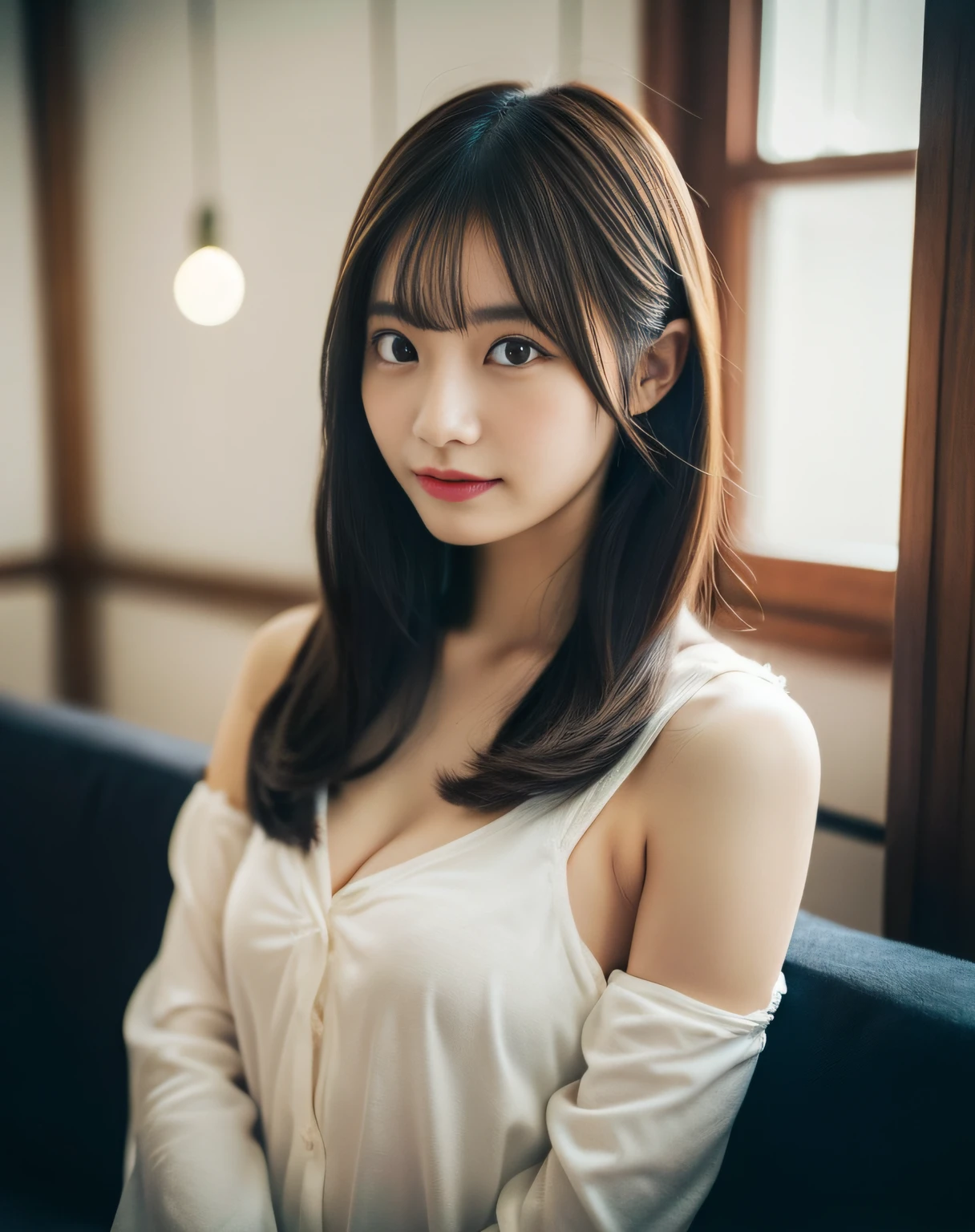 Wearing sexy pajamas, Graceful figure, Coquettish, Study room, sofa, Random captivating moves, Facing the camera, Imaginative, First love、Japan Person Model、Young Sensual Gravure Idol、Young cute gravure idol、Realistic Young Gravure Idol、Realistic sensual gravure idol、Young gravure idols、sophisticated gravure idol、奈良美智、Young skinny gravure idol、beautifull asian girl ever、Pretty women、(dark brown  hair)、hyperdetailed face、A detailed eye、二重まぶた、blured background、(4K、RAW Photos、top-quality、masters:1.2)、(reallistic、Photorealsitic:1.37)、cute little