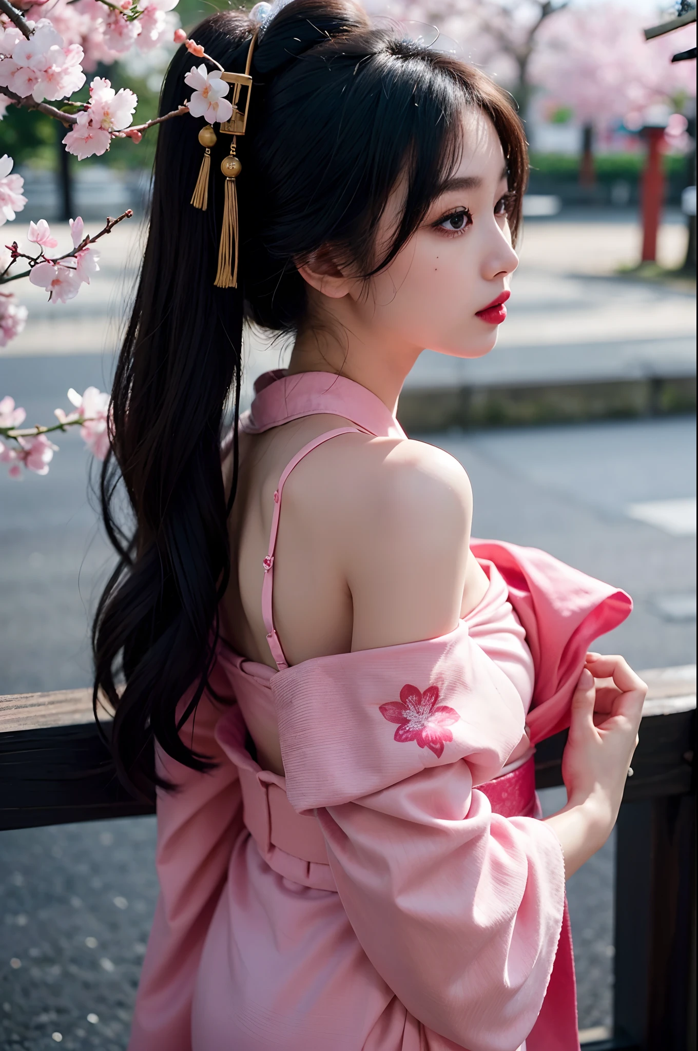 (Top image quality、8K、masuter piece:1.3))、(Realistic:1.2)、(1girl in)、20yr old、huge tit、(Geisha hair:1.2)、(Night cherry blossoms:1.2)、cigarettes、profile、(Deities々Bright and gorgeous black and pink kimono:1.2)、(full bodyesbian:1.2)、long kimono、(Oiran:1.3)、Elaborate Eyes、二重まぶた、(Very deep eyeliner)、Redlip、Soft breasts
