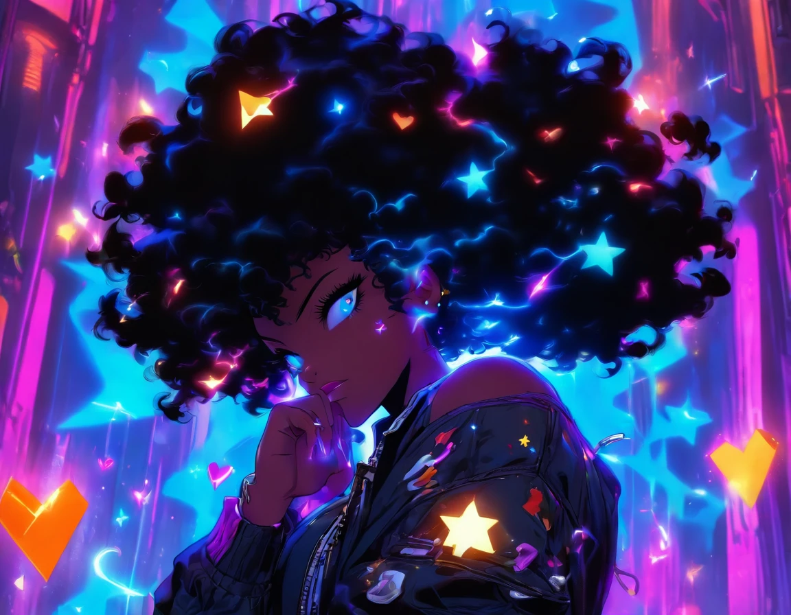 Dark skin, vibrantly colored, Highly detailed, highly intricate, glossy, fantasy digital art , ((Dark-skinned woman))), (((black heart-shaped diamond under her bustline;))) ::((creating a new law of physics by smelting a gem into a hardlight cauldron and producing a holographic formula, though Alien alchemy as she listens to music as sweat drips and soaks her clothes.) (flirty, strong, slender ,salacious, alluring physique, hypnotic black eyes, short black curly hair, long narrowed convexed hooked nose, a lovely oblong face), (Open black denim jacket, stars on the chest pockets, blue and white striped crop top, black shorts stars on waist, white thigh-high blue trim, black boots, 504 Kangol cap, shades.) (magical laboratory, hardlight machines, waterfalls, mystical fantastic atmosphere.) ( intricately accurate facial and physical structure, intricately expression and emotion, accurate colored complexion, accurate clothing design, complex hairstyle, intricate character detail, full of emotion, perfect peice, perfect prompt ,full length depth of field.)