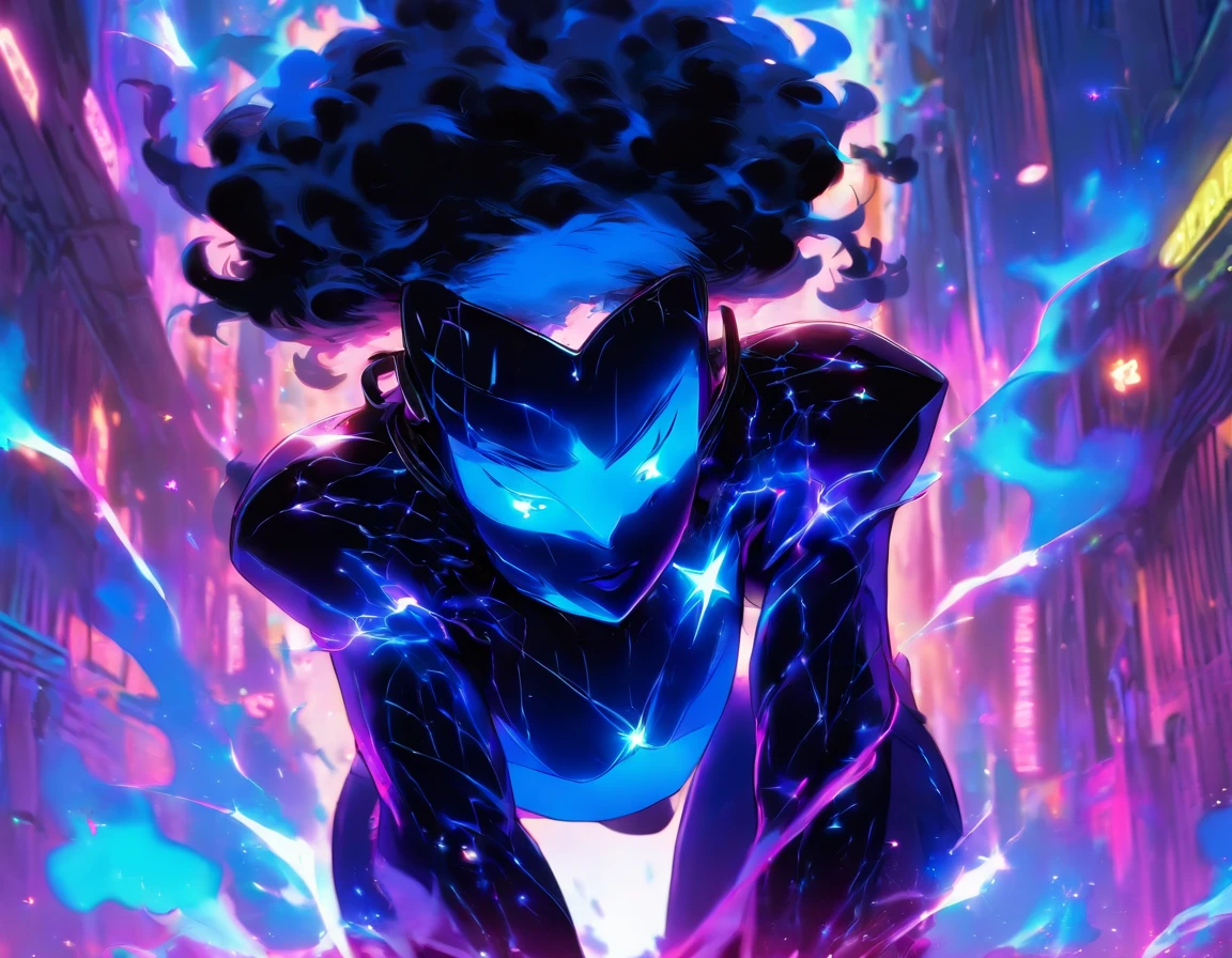 Dark skin, vibrantly colored, Highly detailed, highly intricate, glossy, fantasy digital art , ((Dark-skinned woman))), (((black heart-shaped diamond under her bustline;))) ::((creating a new law of physics by smelting a gem into a hardlight cauldron and producing a holographic formula, though Alien alchemy as she listens to music as sweat drips and soaks her clothes.) (flirty, strong, slender ,salacious, alluring physique, hypnotic black eyes, short black curly hair, long narrowed convexed hooked nose, a lovely oblong face), (Open black denim jacket, stars on the chest pockets, blue and white striped crop top, black shorts stars on waist, white thigh-high blue trim, black boots, 504 Kangol cap, shades.) (magical laboratory, hardlight machines, waterfalls, mystical fantastic atmosphere.) ( intricately accurate facial and physical structure, intricately expression and emotion, accurate colored complexion, accurate clothing design, complex hairstyle, intricate character detail, full of emotion, perfect peice, perfect prompt ,full length depth of field.)