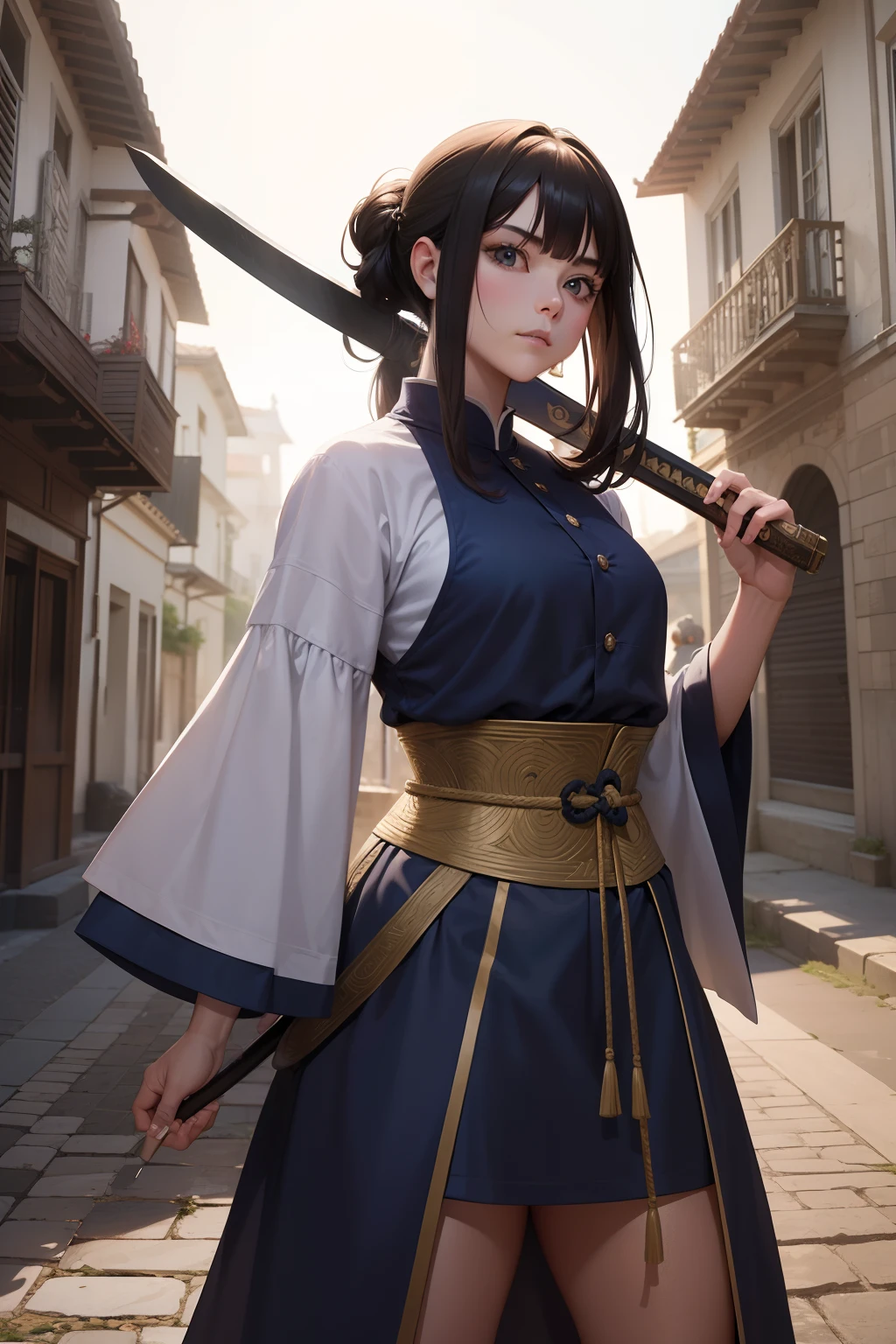 Beldade de cabelos longos sedosos, cabelos negros, olhos astutos, usando uma roupa sensual hunfa antiga Wuxia, voluptuosa fisicamente, athletic size, roupas cor violeta, holding with one hand a Wu Dang sword,at first standing in front of an old mansion (cena detalhada, Filme, natural  lightting)