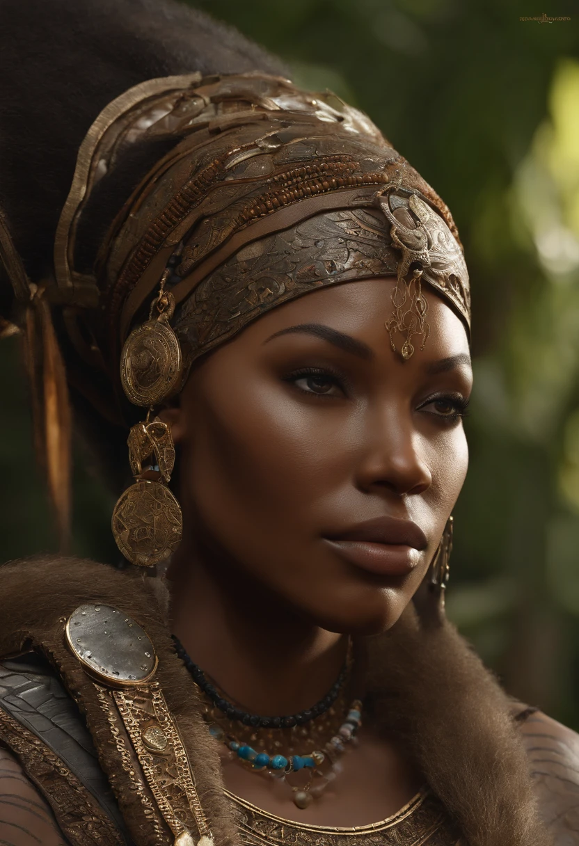 ((melhor qualidade)), ((master part)), (circunstanciado:1.4), ..3d, Frontal image of an African warrior princess ( referencia filme A mulher Rei ) usando armadura de brocado cravejada,ligeiramente revelador, figura do buxom, moist glowing skin with blood stains on the face and body, HDR (high dynamic range),ray tracing,NVIDIA RTX,Super-Resolution,irreal 5,Subsurface scattering,PBR Texturing,Post-processing,anisotropic filtering,Profundidade de campo,Maximum clarity and sharpness,Texturas multicamadas,Mapas de Albedo e Especular,surface shading,Accurate simulation of light-material interaction,perfectly proportions,octan render,Two-tone lighting,Ampla abertura,ISO baixo,White balance,rule of thirds,8K BRUTO,