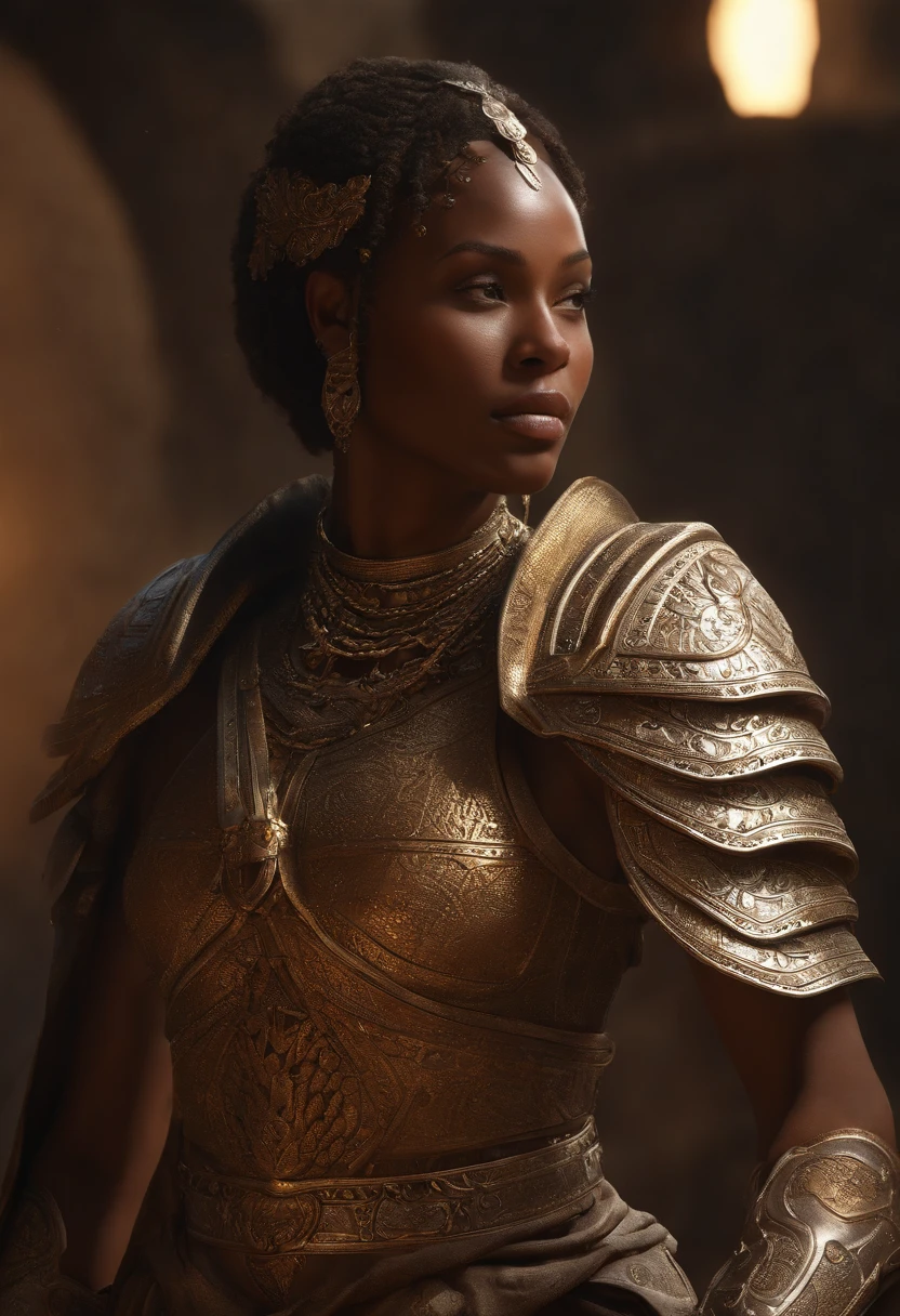 ((melhor qualidade)), ((master part)), (circunstanciado:1.4), ..3d, Frontal image of an African warrior princess ( referencia filme A mulher Rei ) usando armadura de brocado cravejada,ligeiramente revelador, figura do buxom, moist glowing skin with blood stains on the face and body, HDR (high dynamic range),ray tracing,NVIDIA RTX,Super-Resolution,irreal 5,Subsurface scattering,PBR Texturing,Post-processing,anisotropic filtering,Profundidade de campo,Maximum clarity and sharpness,Texturas multicamadas,Mapas de Albedo e Especular,surface shading,Accurate simulation of light-material interaction,perfectly proportions,octan render,Two-tone lighting,Ampla abertura,ISO baixo,White balance,rule of thirds,8K BRUTO,