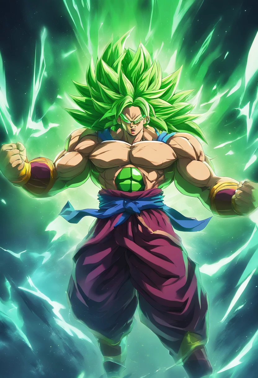 Broly Super Sayajin 4, pelagem verde florescente,olhos brancos, aura florescente, 4k , Antarctic Background 4K, Crisp face in high resolution, obra prima
