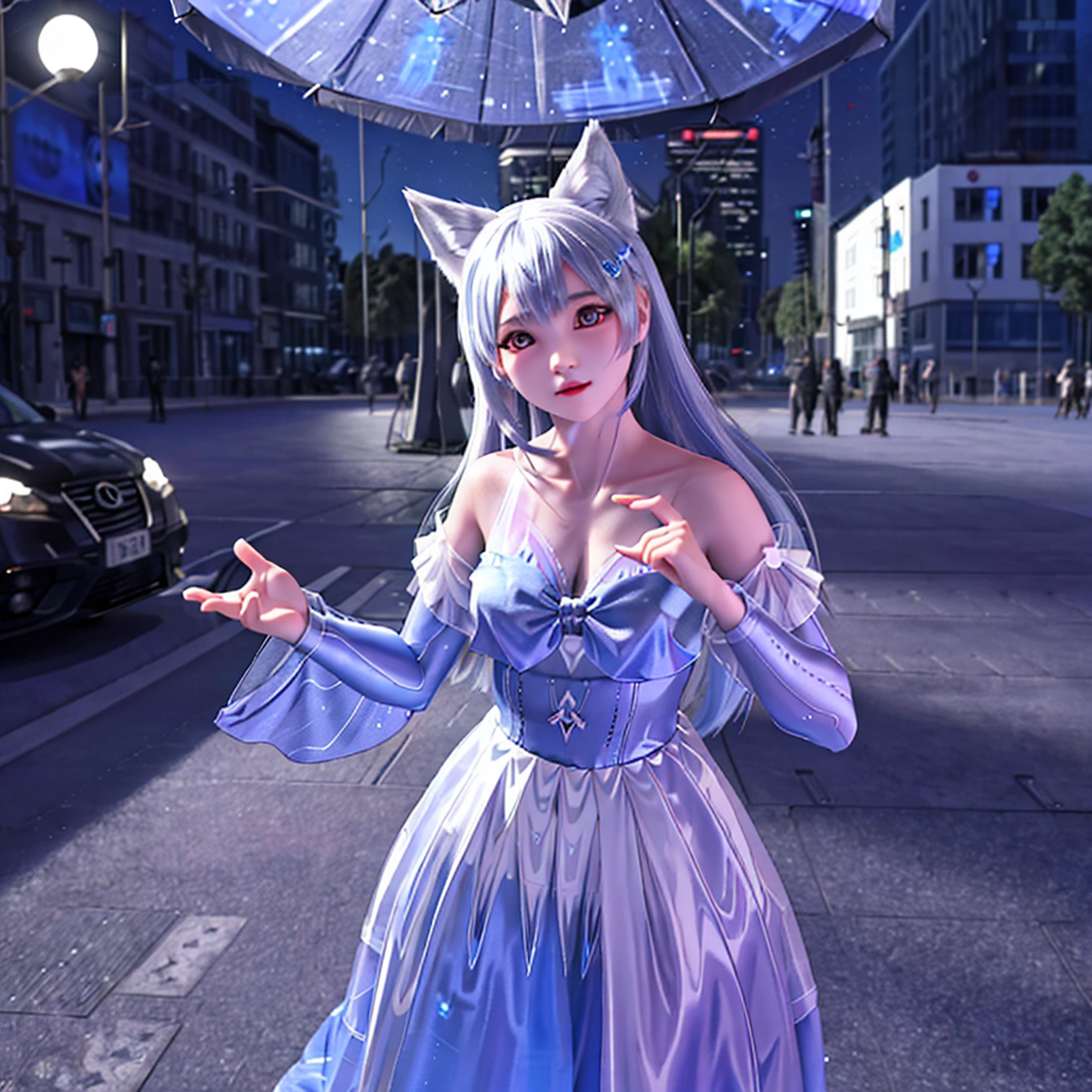 Lua azul ao fundo, A girl is undergoing metamorphosis into a humanoid wolf in the middle of the city,