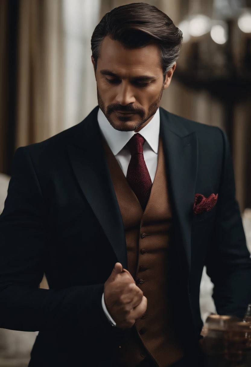 Imagine and describe a multimillionaire businessman in his late forties, dressed in a meticulously tailored black suit. He exudes an air of authority and success, with a confident yet enigmatic demeanour. Depict this character in a scene that conveys his opulent lifestyle and the power he wields in the business world. Use vivid details and emotions to paint a vivid picture of this intriguing figure.