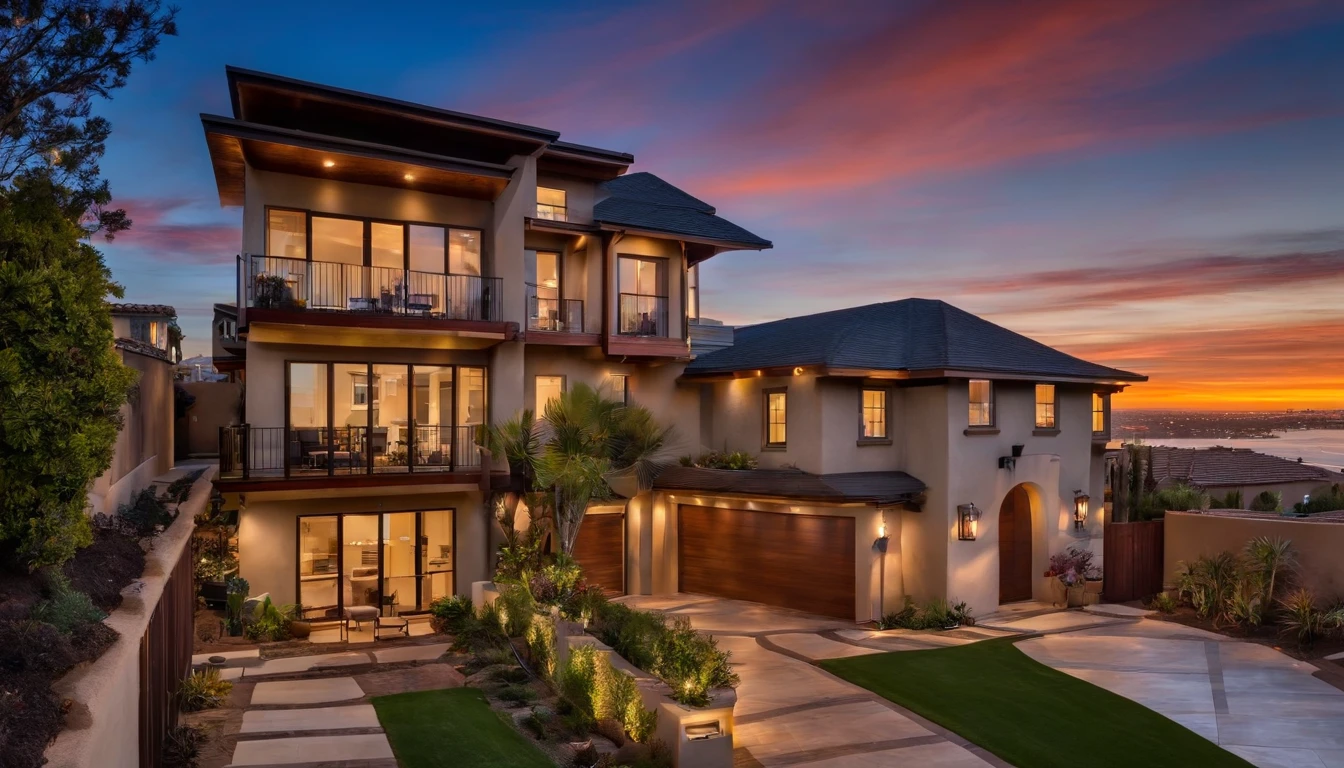 San Diego Real Estate, USA,The house has a patio,Background image of downtown San Diego,With the sunset as the background,Peaceful townhouse background,San Diego suburban residence