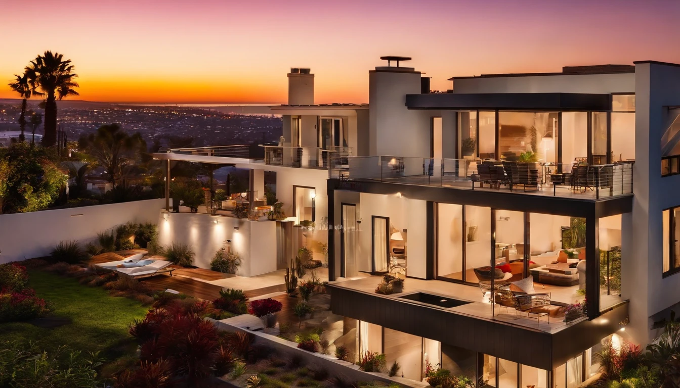 San Diego Real Estate, USA,The house has a patio,Background image of downtown San Diego,With the sunset as the background,Peaceful townhouse background,San Diego suburban residence