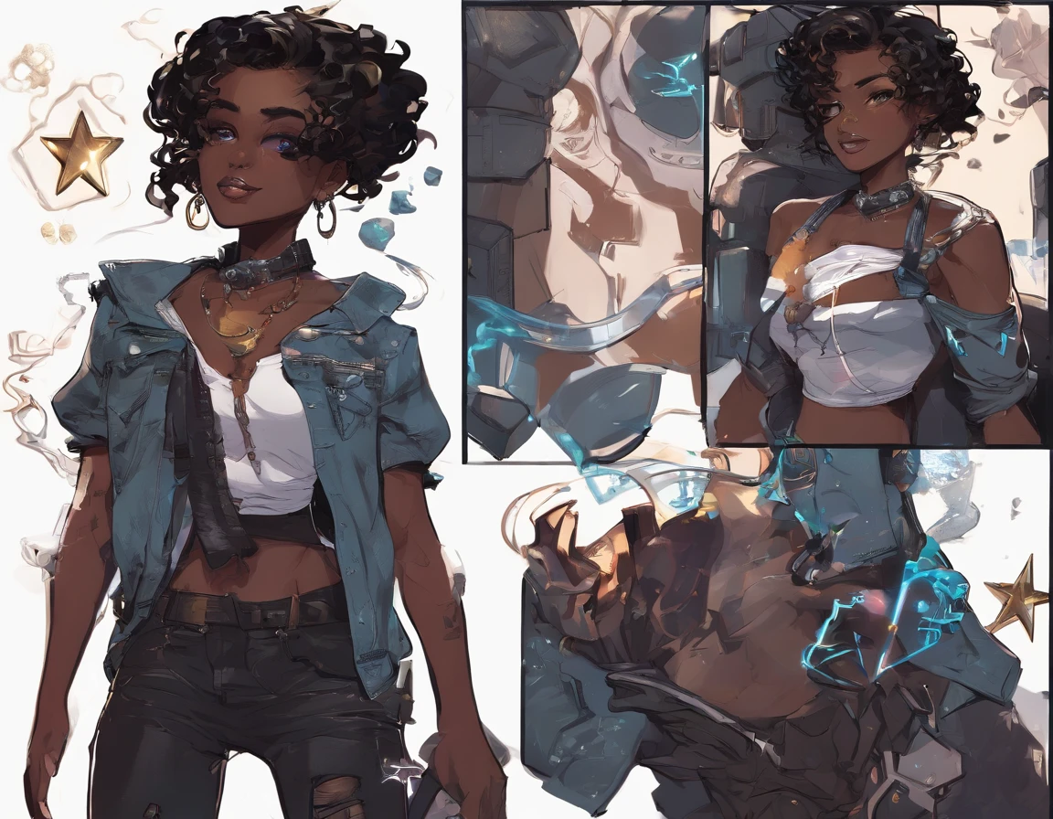 Dark skin, vibrantly colored, Highly detailed, highly intricate, glossy, fantasy digital art , ((Dark-skinned woman))), (((black heart-shaped diamond under her bustline;))) ::((creating a new law of physics by smelting a gem into a hardlight cauldron and producing a holographic formula, though Alien alchemy as she listens to music as sweat drips and soaks her clothes.) (flirty, strong, slender ,salacious, alluring physique, hypnotic black eyes, short black curly hair, long narrowed convexed hooked nose, a lovely oblong face), (Open black denim jacket, stars on the chest pockets, blue and white striped crop top, black shorts stars on waist, white thigh-high blue trim, black boots, 504 Kangol cap, shades.) (magical laboratory, hardlight machines, waterfalls, mystical fantastic atmosphere.) ( intricately accurate facial and physical structure, intricately expression and emotion, accurate colored complexion, accurate clothing design, complex hairstyle, intricate character detail, full of emotion, perfect peice, perfect prompt ,full length depth of field.)