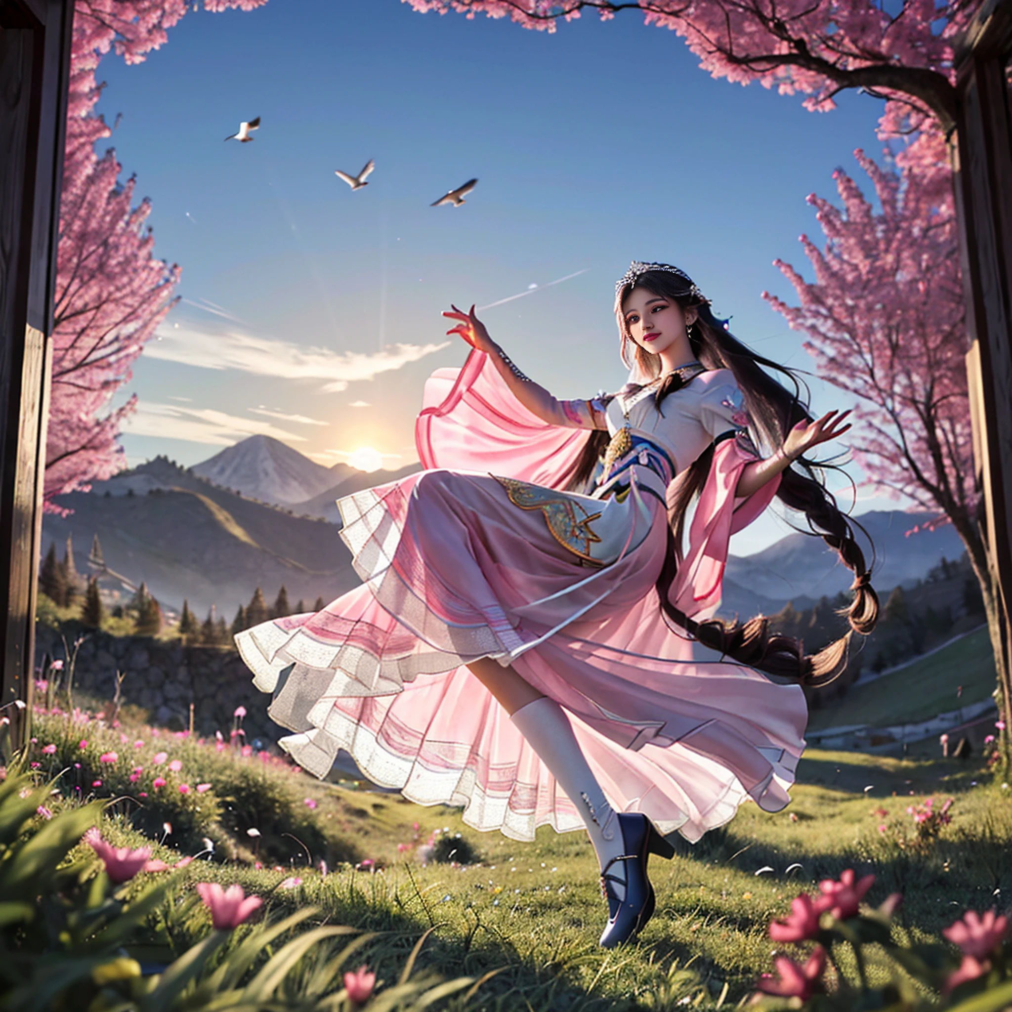 a girl, 28 anos, alto, She's like a fairy in the mortal world, elegante e temperamental. Her clothes were made of silk and dyed a soft pink color to match the glow of the sky. The dress has intricate embroidery of flowers and birds, mostrando seu gosto elegante e identidade nobre. The hem of her skirt reached down to her ankles, revealing her slender feet in embroidered shoes. Ela tinha um penteado de jade preso em seus longos cabelos pretos, that flowed behind her as she ran. His face was delicate and flawless, His eyes were bright and his lips were pink. Ela sorriu e apreciou a liberdade e a beleza da natureza. The fields are covered with green grass and colorful wildflowers, swaying in the gentle breeze. Ela correu entre eles, tocando-os com os dedos finos. The sun is setting behind the mountain, casting a warm light on the scene. Ela parece uma pintura, um sonho, um poema. She is the epitome of beauty and elegance.