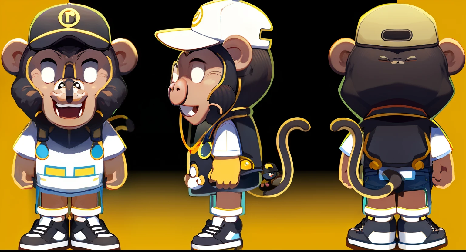 Cartoon monkey in hat,baboon,full bodyesbian,com mascot, coda，white backgrounid，simple backgound，multi view，baseball cap，Black shoes，Animal ear，Libido boy，Short yellow sleeves，standing on your feet，Jeans，黑The eye，ssmile, 3Drenderingof