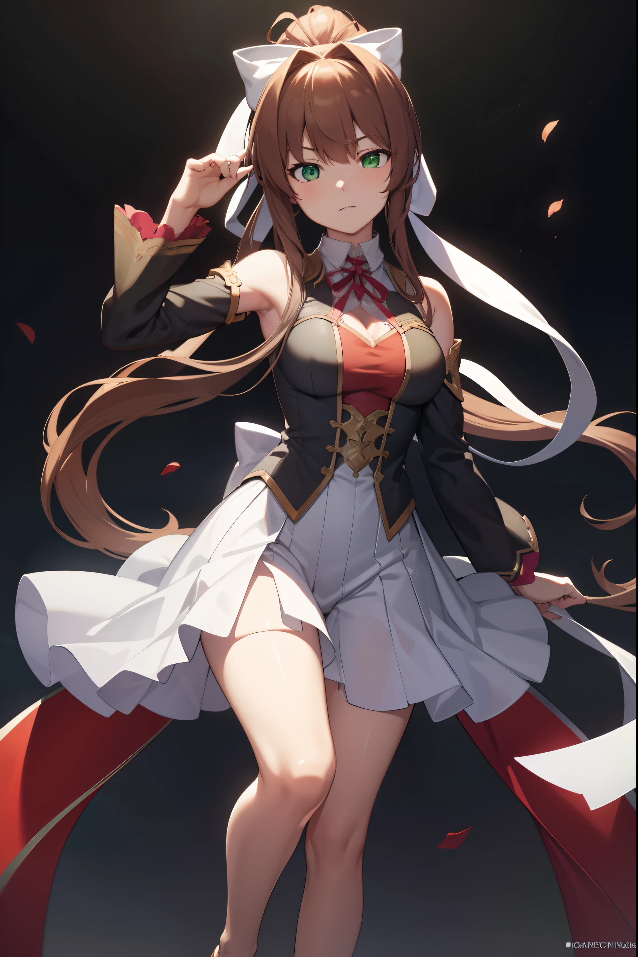 ddlcmonika, ddlcmonika, fullbody, blunt bangs, brown hair, (green eyes:1.5), long hair, ponytail, ribbon, white ribbon, hair ribbon, sidelocks, BREAK outfit flame-chasers honkai impact 3d BREAK looking at viewer, angry, face scrunched up, signs of tiredness, bruised, BREAK open field, BREAK (masterpiece:1.2), best quality, high resolution, unity 8k wallpaper, (illustration:0.8), (beautiful detailed eyes:1.6), extremely detailed face, perfect lighting, extremely detailed CG, (perfect hands, perfect anatomy),