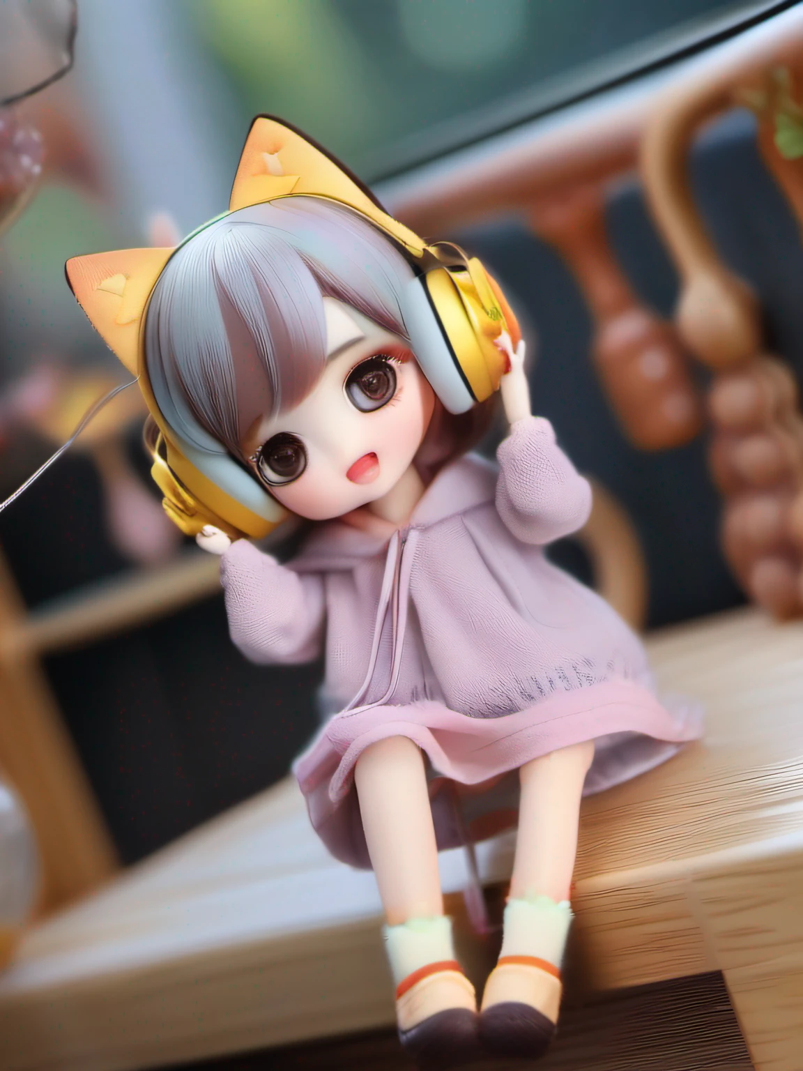 1girl, cat girl vomit, kiss cat ear, face down, rainbow vomit from open mouth, crawl on all fours, smile, in the style of eye-catching resin jewelry, photo studio simple background,thin lips,<lora:rainbow vomit-001:0.8>