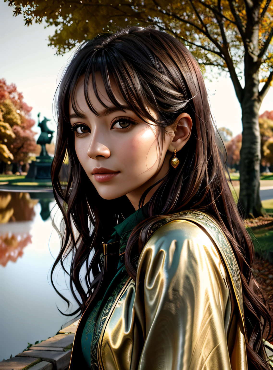 Portrait of a beautiful woman, adventure, weathered, with penetrating eyes, detailed face, lots of detail, photography, dark studio, edge light, Nikon D850, 50mm, f/1.4::2 Landscape with a quiet city park with a pond and statues In the soft golden light of an autumn day --v 5 --chaos 24 --stylize 410 --tile --ar 3:2