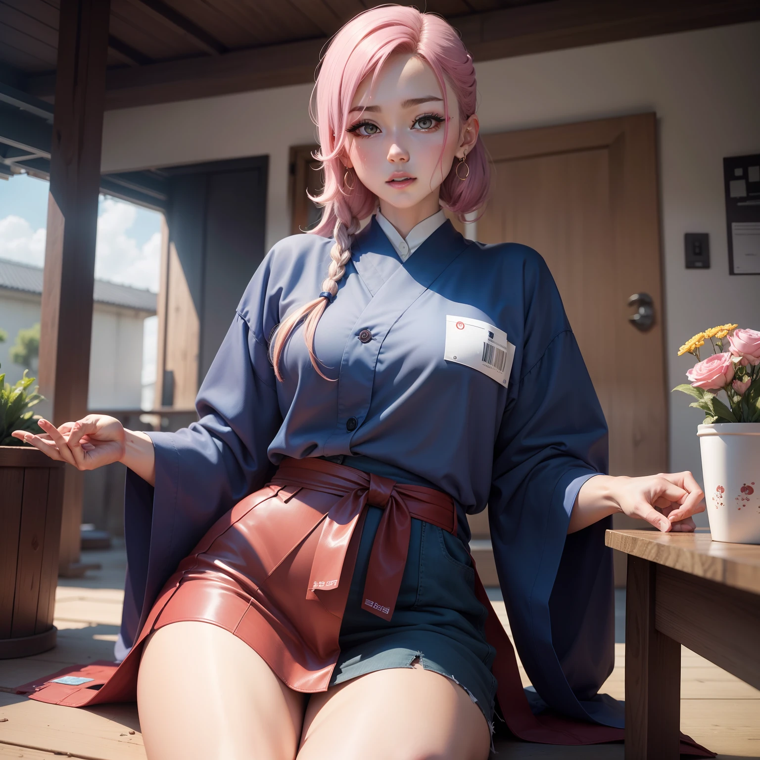 Pink hair shorthair、hime-cut、Girl with golden eyes、View of the crotch from below、flat chest、Thin pubic hair、Beautiful open legs、Monk of the Japan