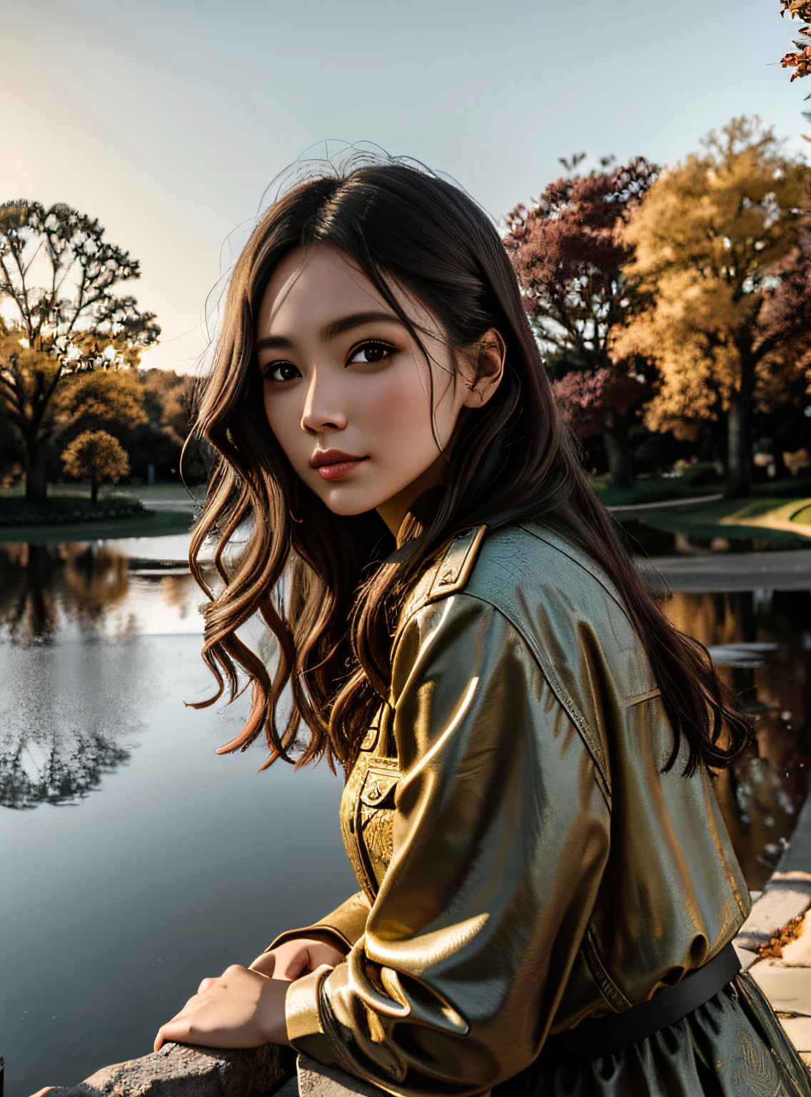 Portrait of a beautiful woman, adventure, weathered, with penetrating eyes, detailed face, lots of detail, photography, dark studio, edge light, Nikon D850, 50mm, f/1.4::2 Landscape with a quiet city park with a pond and statues In the soft golden light of an autumn day --v 5 --chaos 24 --stylize 410 --tile --ar 3:2