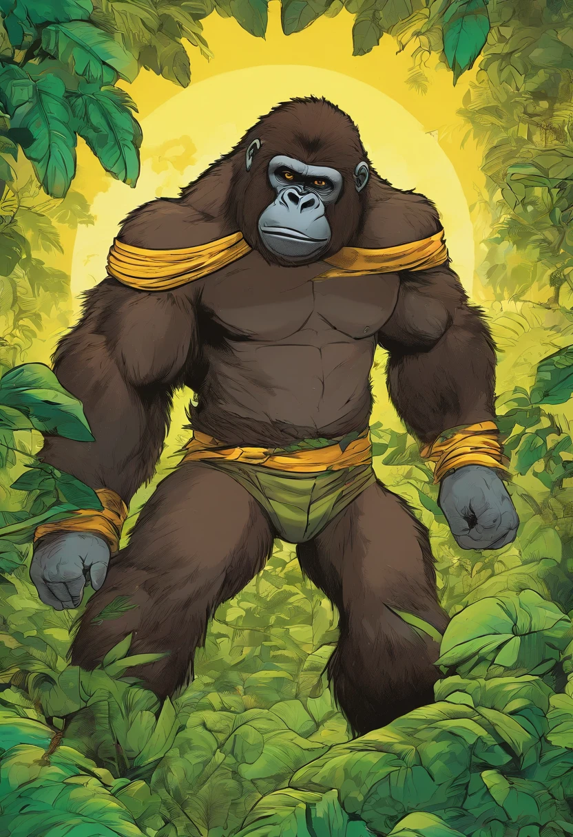 Homem com corpo de gorila forte, com o cabelo Verde amarelo espetado,com roupa arte marcial, muito forte, furioso,com rabo de macaco e aura verde florescente, 4k