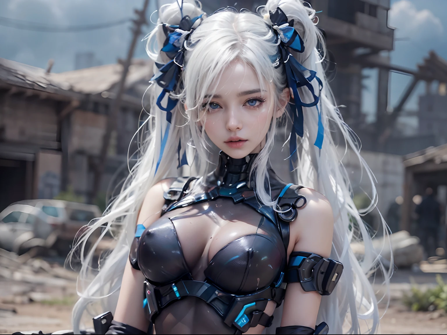 nsfw, 2girls, 1boy with erected penis, ejaculation, cyberpunk, gangbang, reversed gangbang, (masterpiece: 1.4), (8K, realistic, raw photo, best quality: 1.4), nipple areola shape clear, nude, cum, cum on body, twin Japanese girls, beautiful cute face, (real face: 1.4), beautiful hairstyle, realistic blue eyes, beautiful detail eyes, (real skin: 1.3), beautiful skin, attractive, ultra high resolution, ultra realistic, off-sheller, post apocalyptic world, cinematic lighting, white colored hair, long hair, twin ponytails, blue ribbons, futuristic fantasy