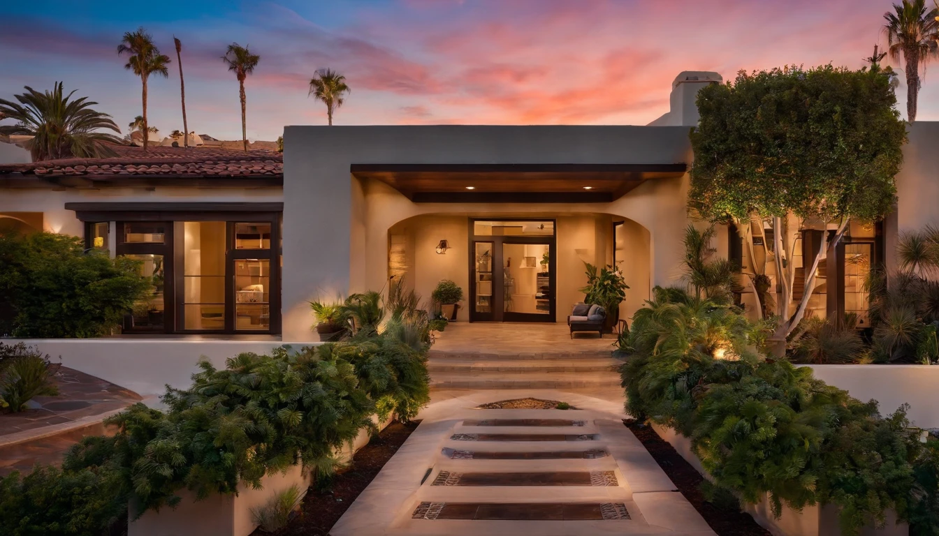 San Diego Real Estate, USA，Ordinary town house with courtyard，Background image of downtown San Diego，With the sunset as the background，Peaceful townhouse background，San Diego suburban residence