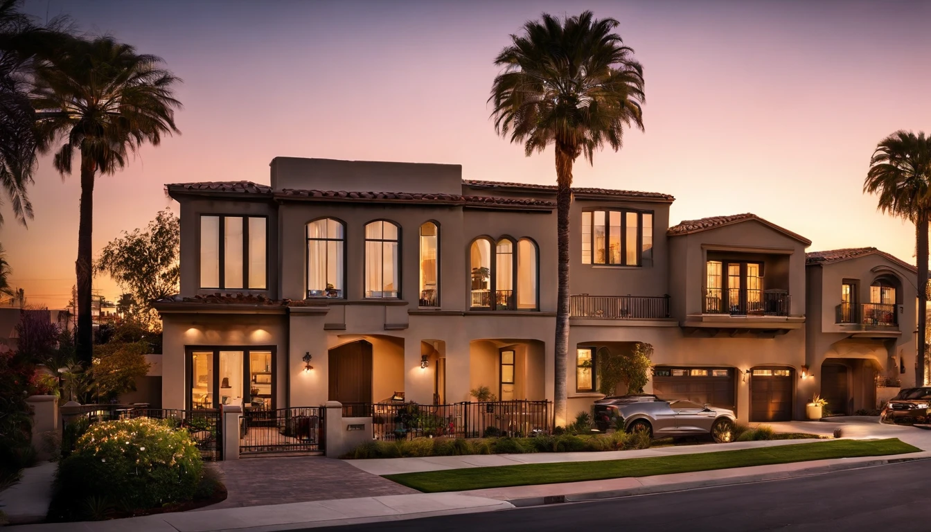San Diego Real Estate, USA,Ordinary town house with courtyard,Background image of downtown San Diego,With the sunset as the background,Peaceful townhouse background,San Diego suburban residence