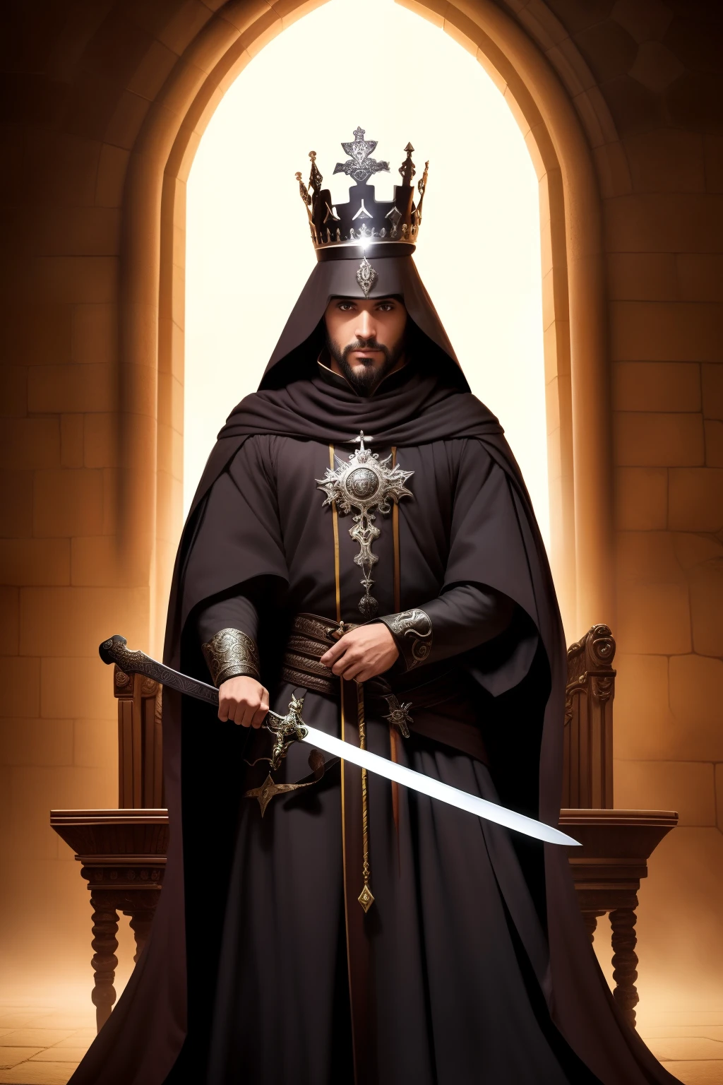 um homem bruxo sentado em um trono vestindo capa e amardura preta, ((crown on his head and hold a sword)), uma bela feiticeira, feiticeira bonita, beautiful witch man, bruxo masculino bonito, classical witch, bruxa, Bruxa das Trevas, bruxo escuro, necromancer bonito, bruxo castlevanio, beautiful sorceress man, (segura uma espada)