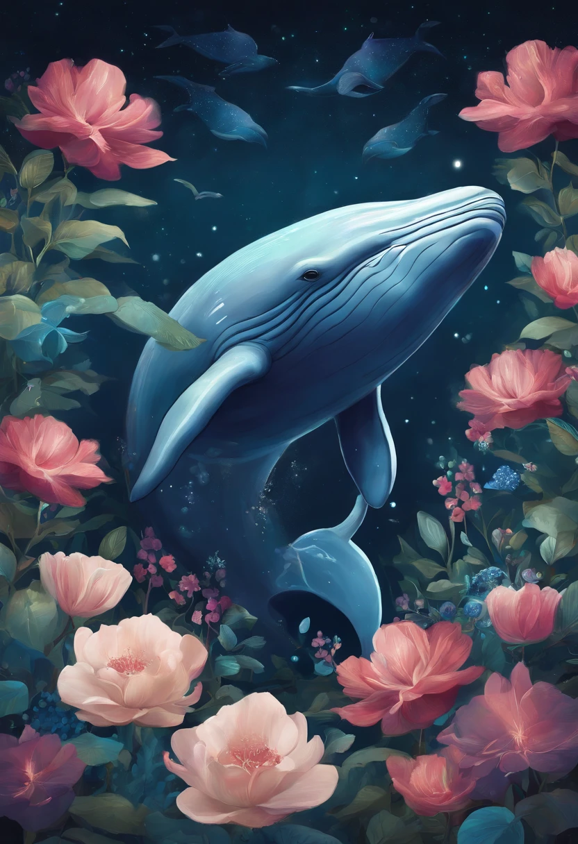 There is a whale with a flower on its head, a beautiful artwork illustration, jen bartel, Inspired by Petros Afshahr, Beautiful digital art, Petros Afshar, Sparkling whales, Whale, Beautiful illustration, Very beautiful digital art, beautiful digital works of art, space magical whale, beautiful artwork, beautiful gorgeous digital art, galaxy whale, marvelous illustration