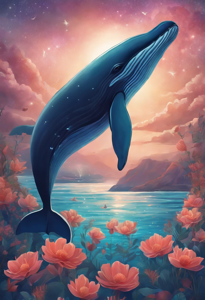 There is a whale with a flower on its head, a beautiful artwork illustration, jen bartel, Inspired by Petros Afshahr, Beautiful digital art, Petros Afshar, Sparkling whales, Whale, Beautiful illustration, Very beautiful digital art, beautiful digital works of art, space magical whale, beautiful artwork, beautiful gorgeous digital art, galaxy whale, marvelous illustration