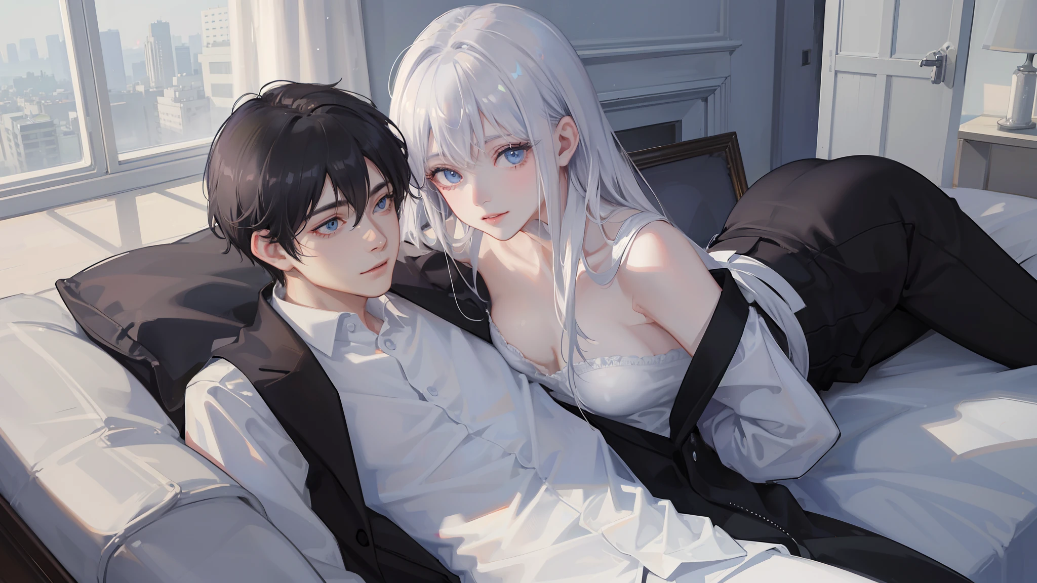The white-haired, blue-eyed, young girl in a white shirt hugged the boy with black hair and blue-eyed eyes,Embrace the ultimate in light and shadow,k hd,and the sun was shining brightly,is shy,White skin