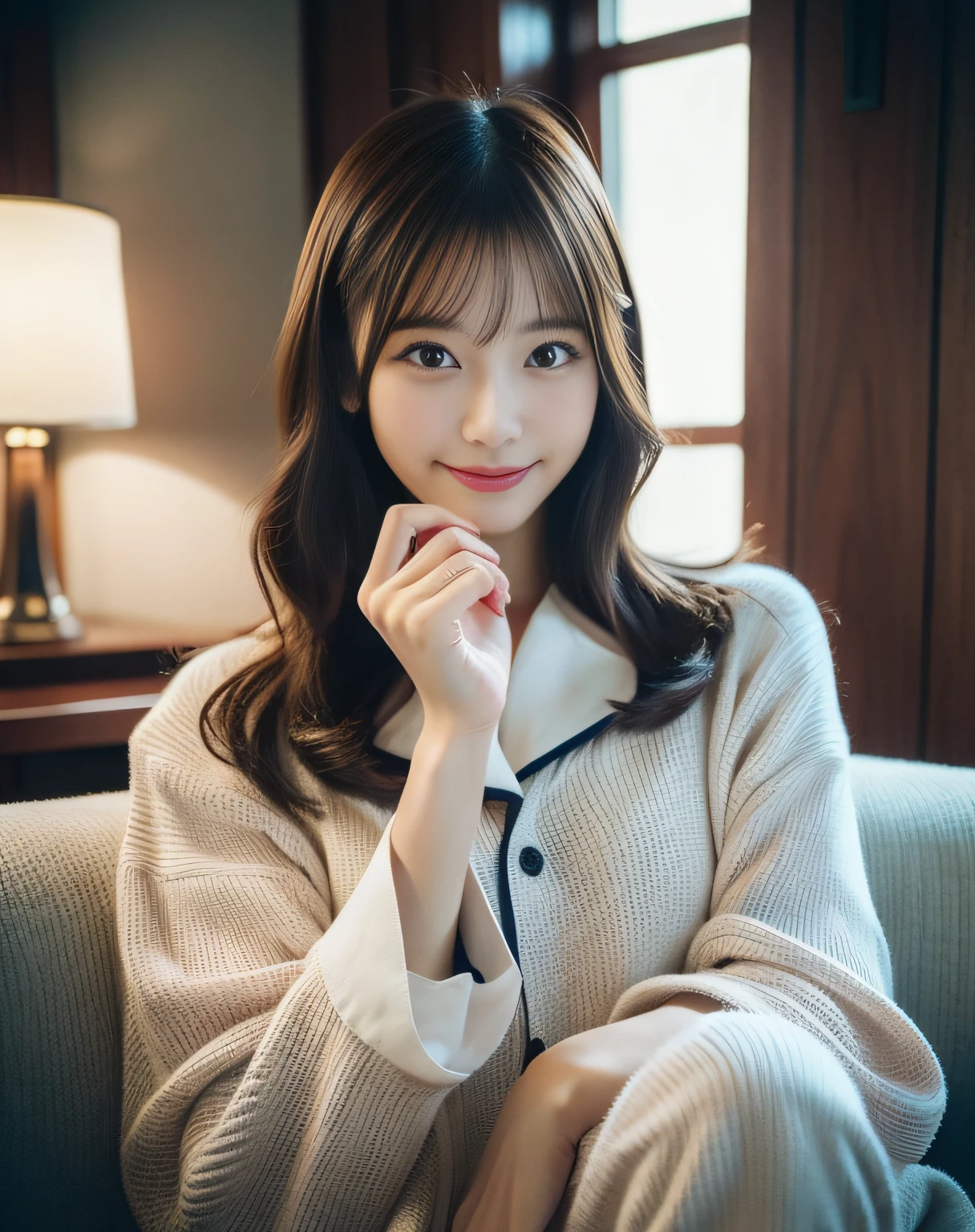 Wearing sexy pajamas, Graceful figure, Coquettish, Study room, sofa, Random captivating moves, Facing the camera, Imaginative, First love、Japan Person Model、Young Sensual Gravure Idol、Young cute gravure idol、Realistic Young Gravure Idol、Realistic sensual gravure idol、Young gravure idols、sophisticated gravure idol、奈良美智、Young skinny gravure idol、beautifull asian girl ever、A smile、full body Esbian、Pretty women、(dark brown hair)、hyperdetailed face、A detailed eye、二重まぶた、blured background、(4K、RAW Photos、top-quality、masters:1.2)、(reallistic、Photorealsitic:1.37)、cute little